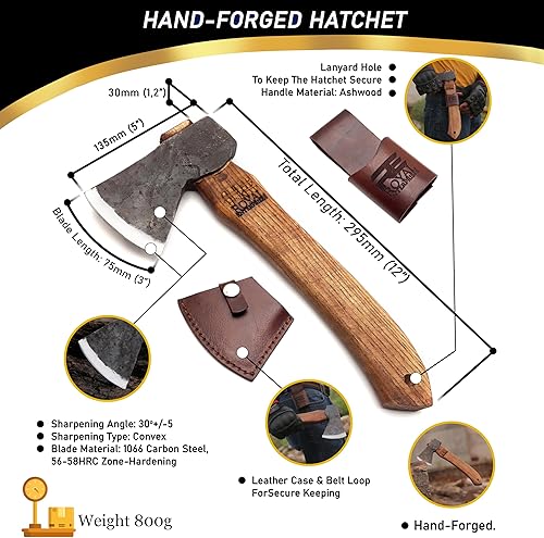Miniatura 2 de Hacha de camping con funda  Hacha de hacha de bushcraft forjada a mano de 12 pulgadas  Hacha barbuda, maquinilla de afeitar ligera, afilada, hacha