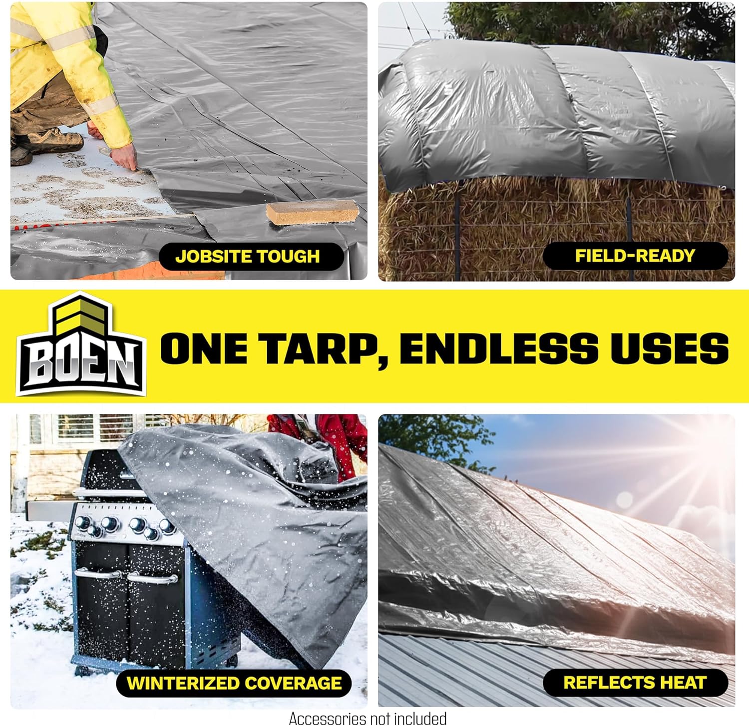 Heavy Duty Tarp Waterproof Large Cover |Silver/Black, 30' x 30' 10 Mil Thick | Rip Proof Tarps | Thick Weave Material, UV Resistant Great for Tarpaulin Canopy Tent, Boat, RV or Pool Cover