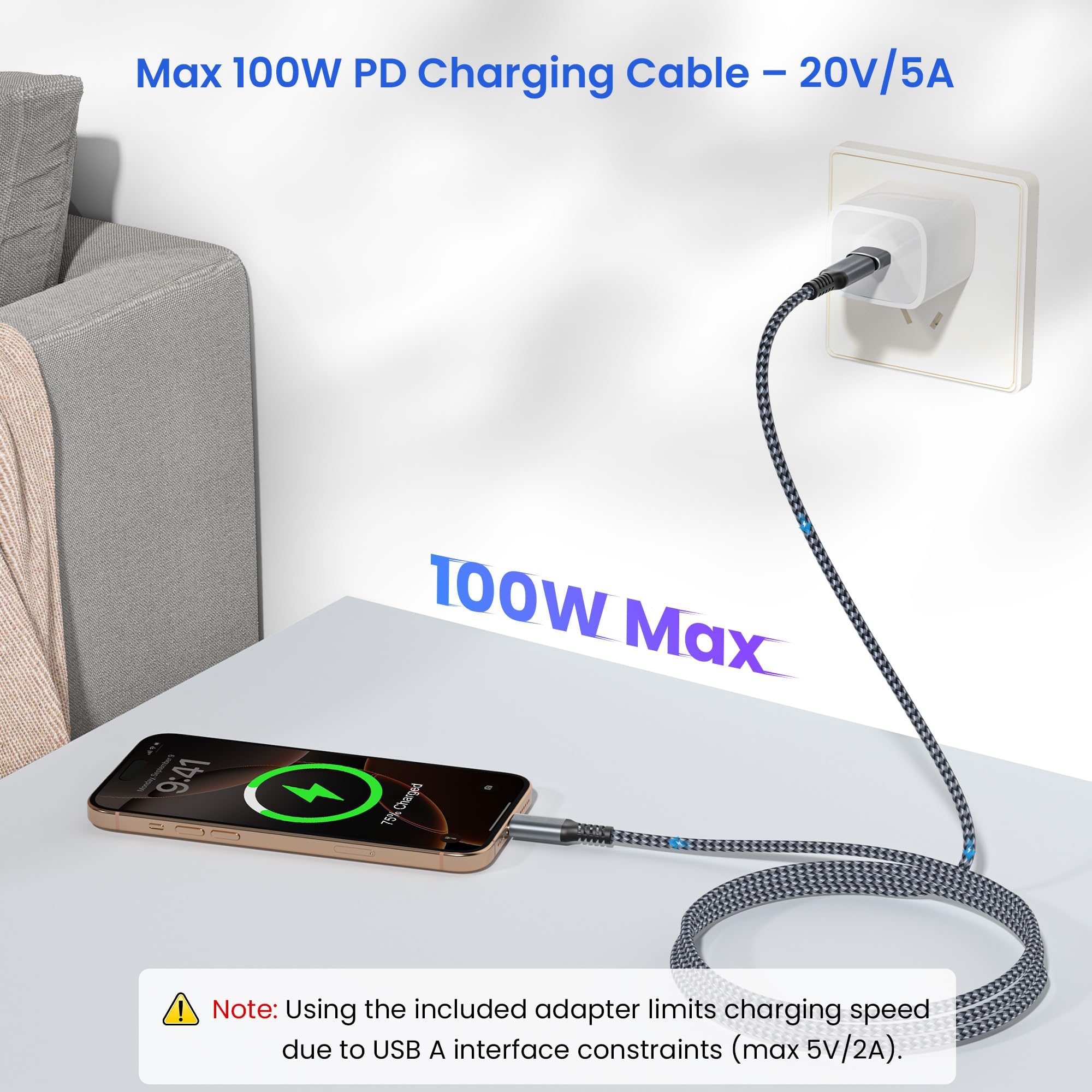 Elebase Cavo USB C a C 100W 3M con Adattatore USB,Caricatore Rapido 20V/5A PD per MacBook, iPad Pro Air 5 6 Mini 7,iPhone 17 16 15 Pro Max Plus Air,Samsung Galaxy S8 S9 S10 S10E S25 S24 FE Ultra Plus