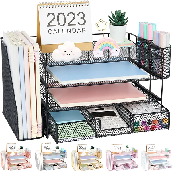 OPNICE Desk Organizer and Accessories, 4-Tier Desktop File Organizer with Drawer and 2 Pen Holders, Office Desk Accessories, Workspace Organizers for Office Supplies(Black)