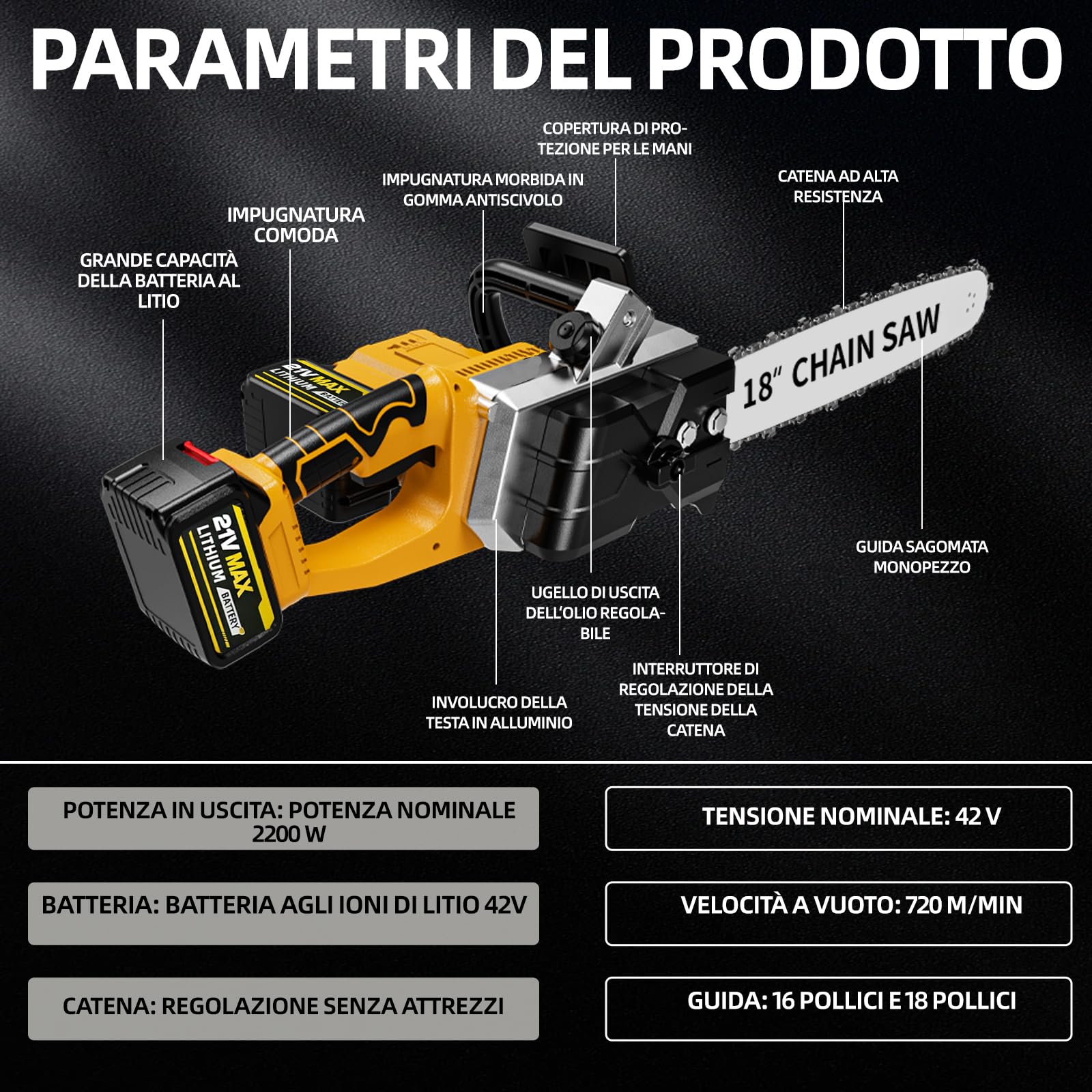 Motosega elettrica portatile, batteria senza spazzole da 2200 W, lubrificazione automatica della catena e freno a catena, adatta per lavori di forestale e legno