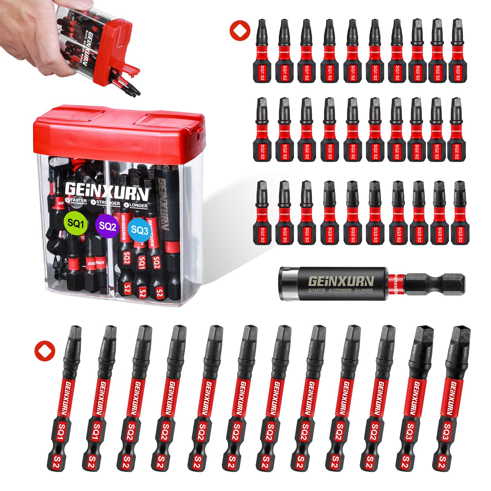 Geinxurn Impact Square Screwdriver Bits Set,43 Pcs Magnetic (SQ1/SQ2/SQ3) S2 Steel Multi Driver Bits Tips with Storage Colorful Box
