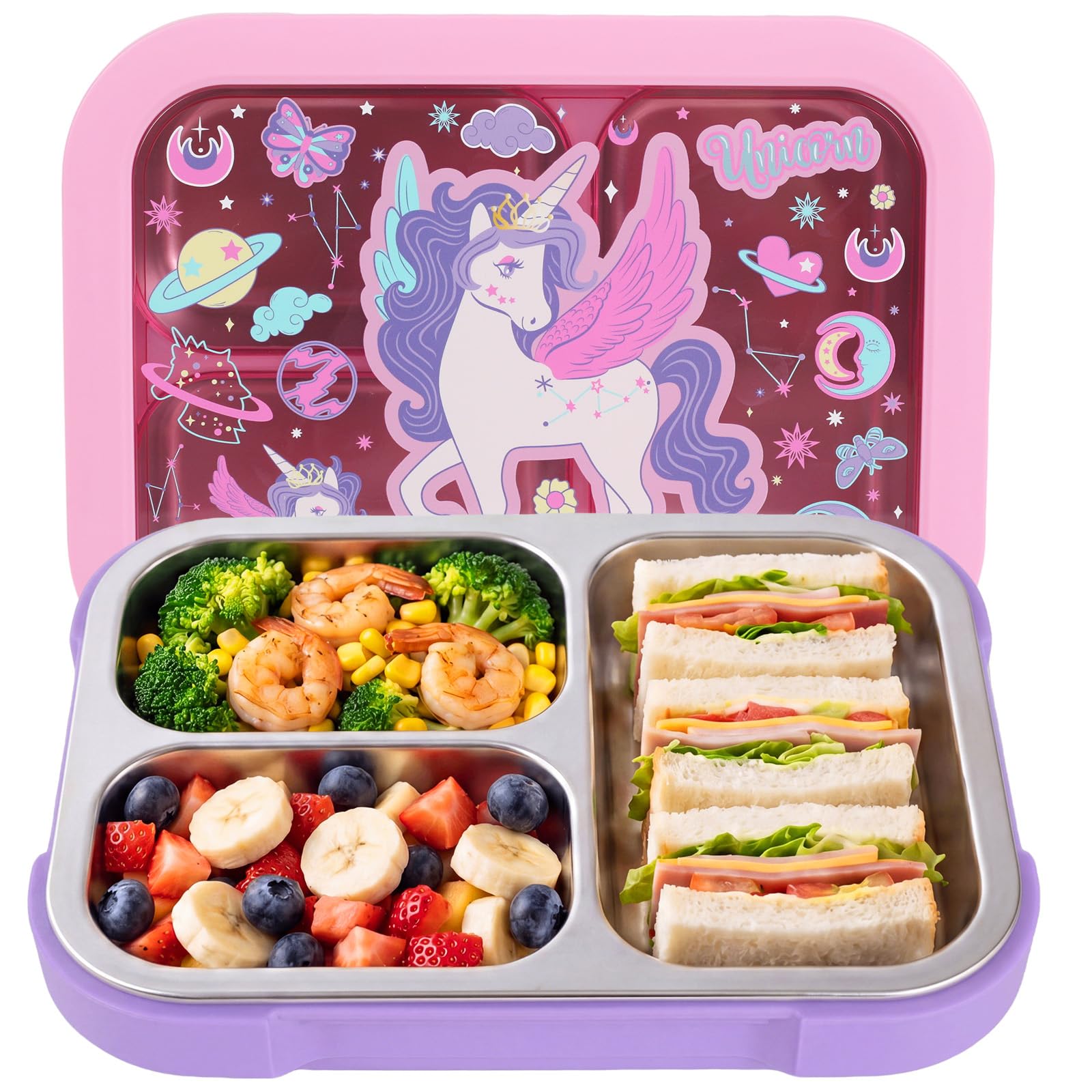 PinkSheep Stainless Steel Bento Lunch Box for Kids, 950ml BPA-Free Leak-Proof Children Food Containers with 3 Compartments, Back to School Students Daycare Lunches Snack Container (Unicorn)