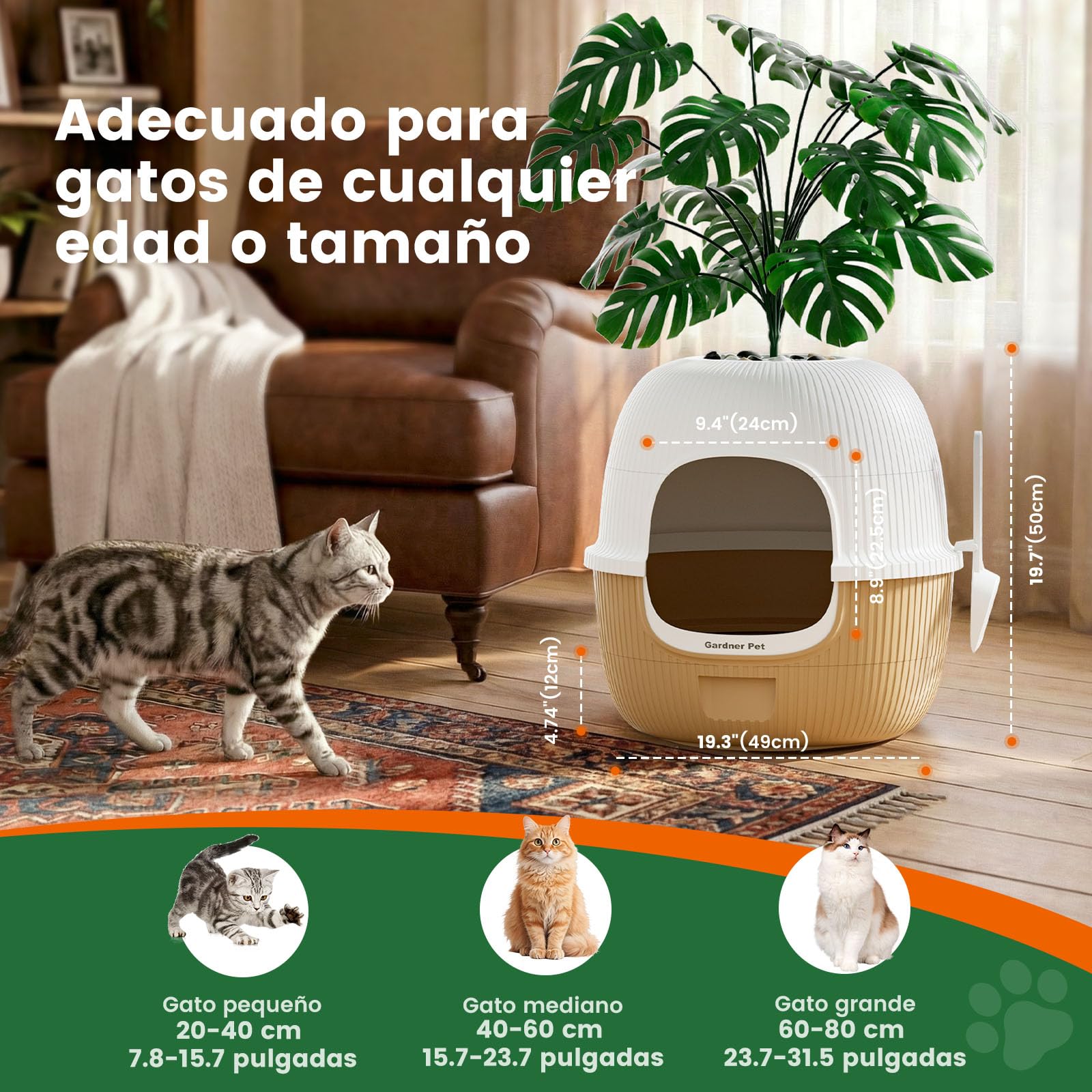Gardner Pet Arenero Gato con Planta Artificial y Pala-Café Claro | Incluye Filtro de Carbón Activado Anti-Olores, Fácil de Rellenar, Limpiar y Mantener, Diseño a Prueba de Fugas