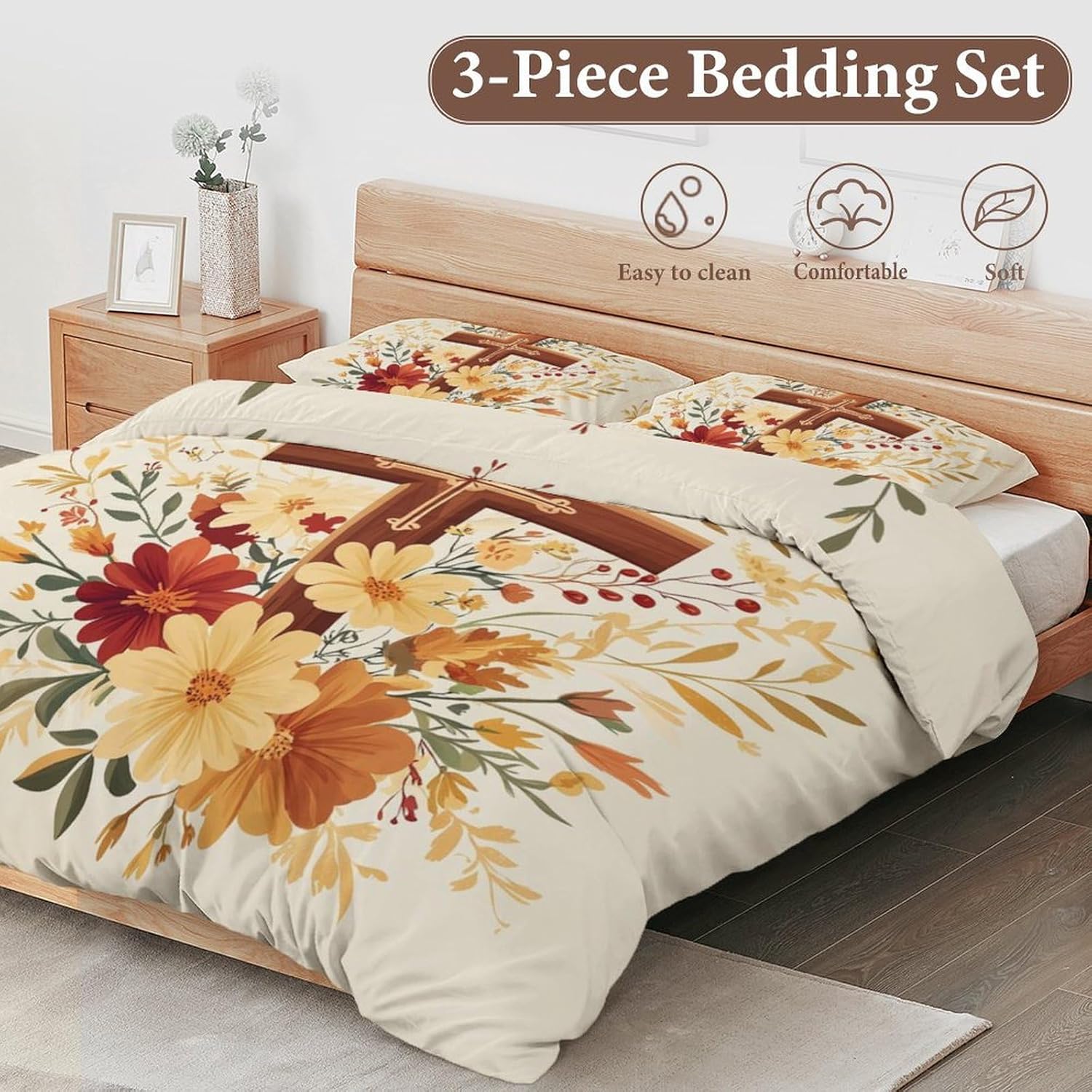 Delerain Comforter Cover Set King Size, Religious Cross Flowers 3-Piece Bedding Set for Women Men Modern Soft Microfiber Bedroom Set Room Decor, 1 Duvet Cover + 2 Pillowcases
