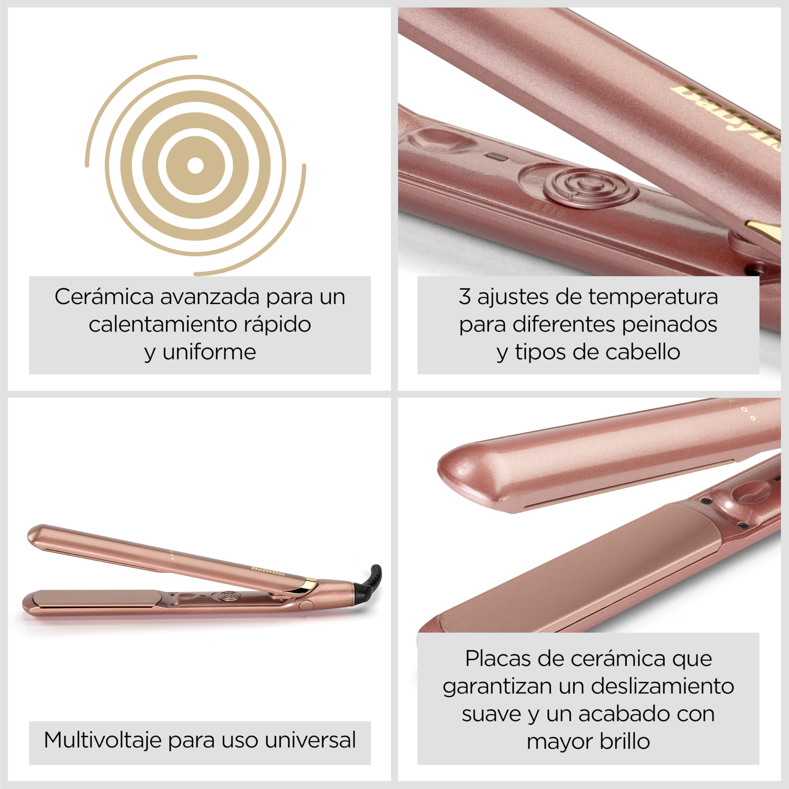 BaByliss Plancha de Pelo Rose Gold - Placas de cerámica, Peinado suave, Multivoltaje, Plancha de viaje, Calentamiento ultrarrápido en 15 s, 3 ajustes de calor hasta 235°C, Alisado fácil, 2598PE