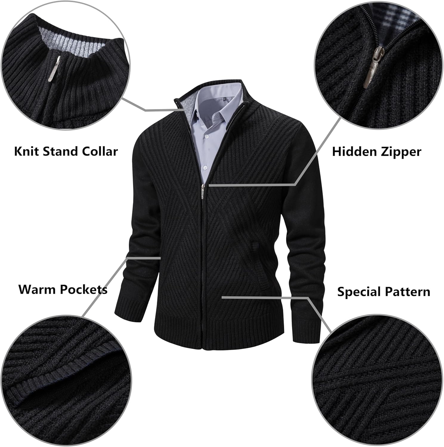 VtuAOL Men's Cardigan Sweaters Full Zip Sweaters Stand Collar Casual Knitted Cardigan with Pockets - Image 2