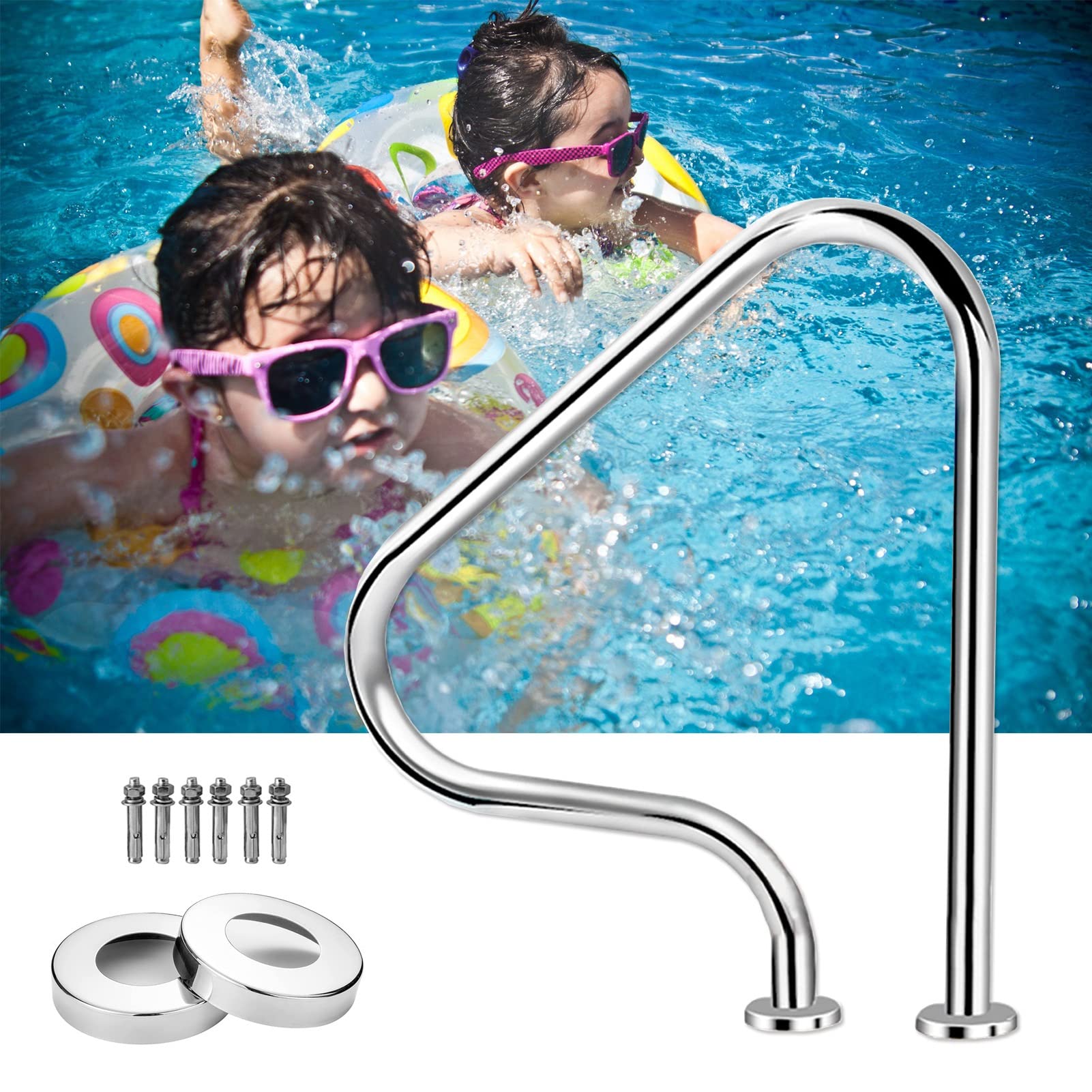 Swimming Pool Safety Hand Rail Pool Handrail | Stainless Steel 3-Bend Swimming Pools Hand Rails for Outdoor Indoor, 31.5 in Height Non-Slip Stair Railing Safety Grab Bars Handle