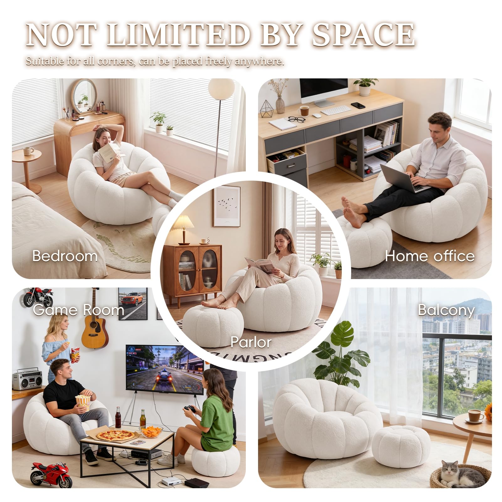 Übergroßer Couchstuhl in Kürbisform mit Fußhocker, riesiges Sitzsacksofa für Teenager und Kinder, bequemer, gemütlicher Loungesessel Wohnheim, Wohnung, Wohnzimmer, Schlafzimmer, gemütliche Wei