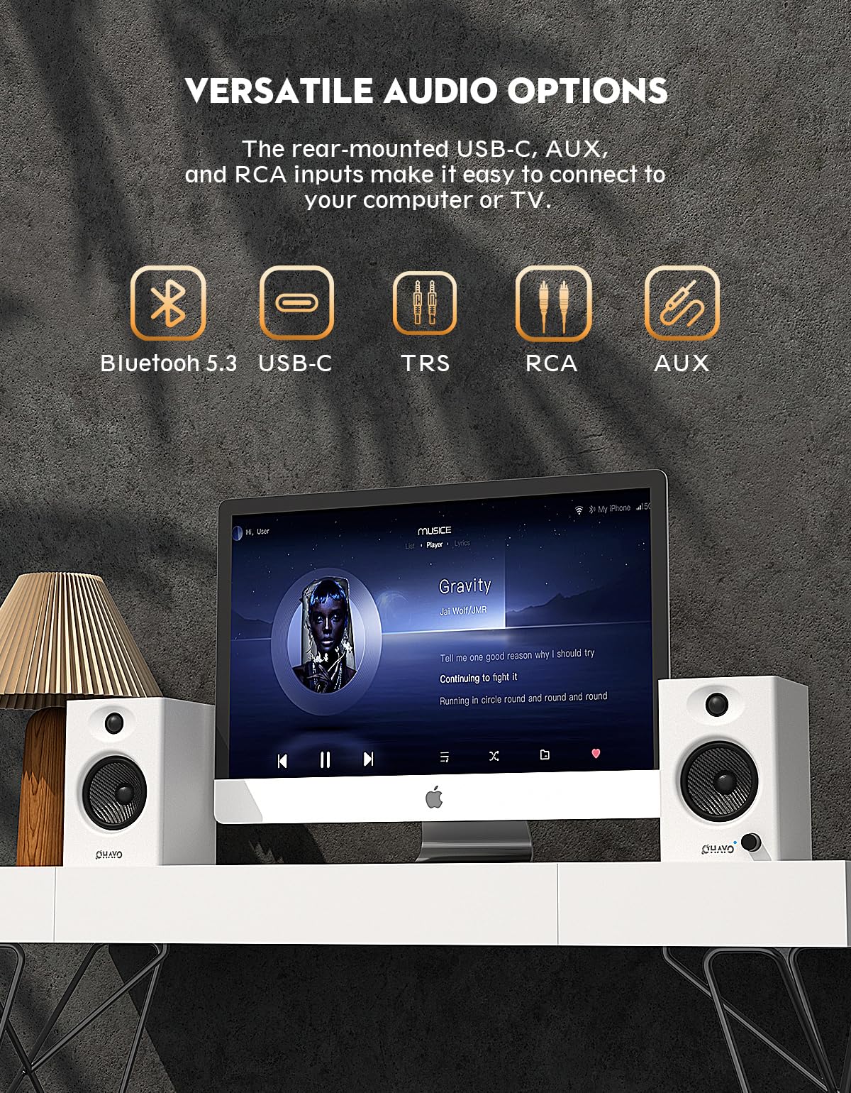 OHAYO 60W Aktive PC-Lautsprecher, Bluetooth 5.3 & USB-C/RCA/AUX Regallautsprecher für Gaming & Musik - Stereo 2.0 Lautsprecher Set, 1Paar (1 aktiver & 1 passiver)