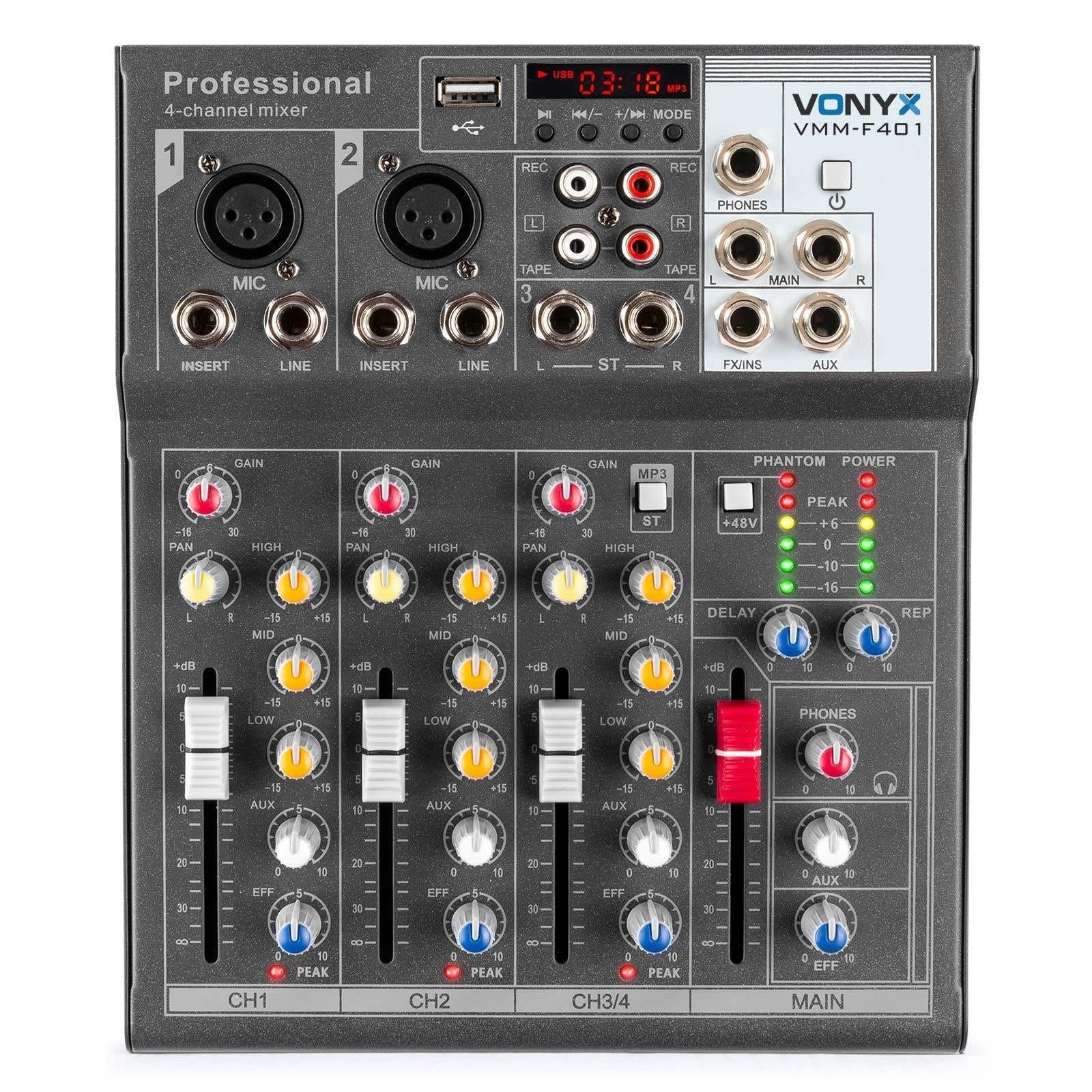 Vonyx VMM-F401 4-Kanal-Mischpult mit Effekt und USB-Player