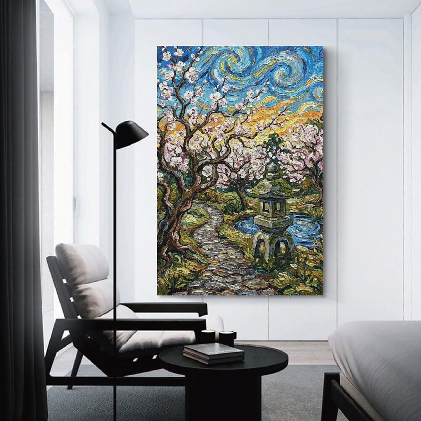Junmoney Japanese Garden Painting with Blossoms And Pagoda Wall Art Print, 16x24inch(40x60cm), for Front Hall, Corridor Or Welcome Spaces, Wall Decor to Refresh Empty Corners