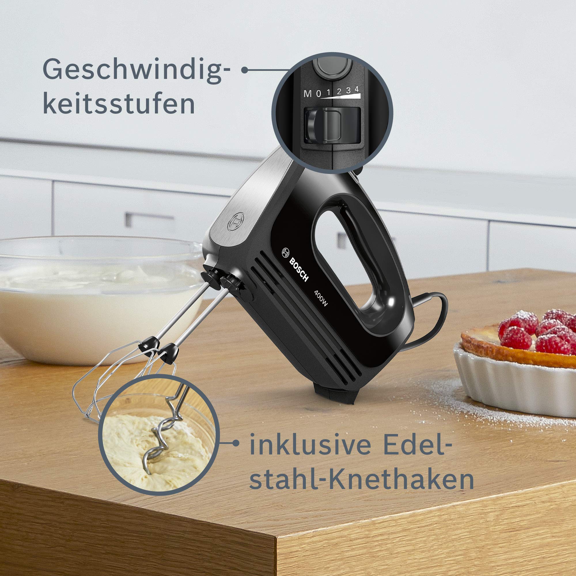 Bosch mfq2420b – Batidora (, 4 niveles de velocidad, moderna técnica del Motor, 2 Tubo escoba, 2 ganchos para amasar de acero inoxidable, 400 W, Piano Negro/Plata