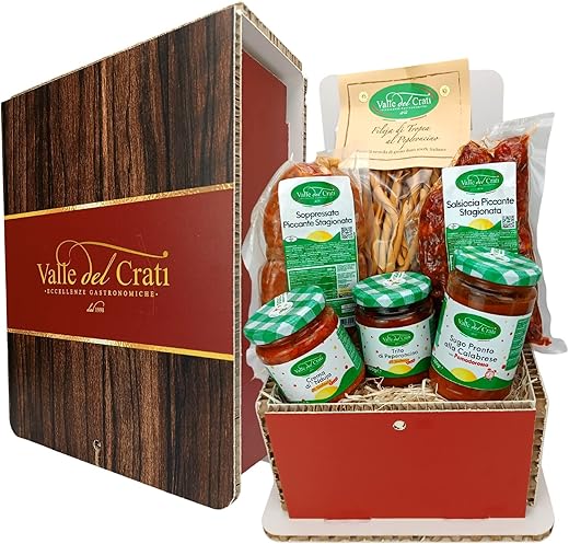 Valle del Crati "Spicy" Christmas Basket with 6 Products | Christmas Basket with Soppressata, Sausage, Nduja Cream, Spicy Sauce, Fileja and Chilli | Christmas Gift Basket
