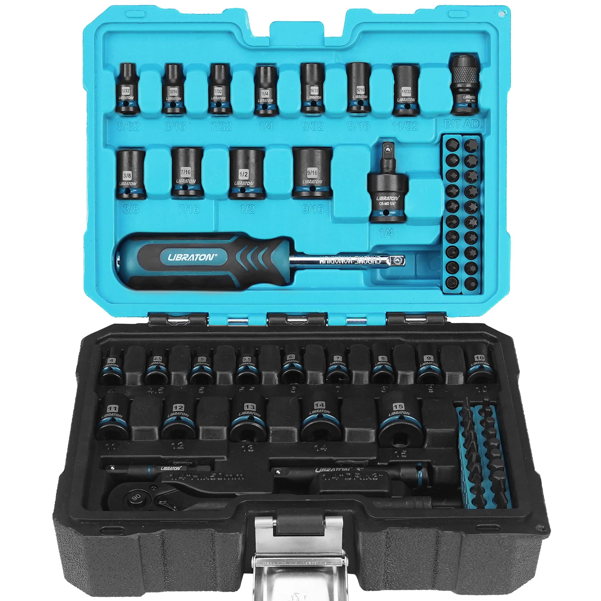 Libraton 71Pcs 1/4" Impact Socket And Bit Set, Sae(5/32-9/16")& Metric(4-15Mm) Impact Socket Set, Crv Impact Driver Socket, S2 Screwdriver Bits, 90 Teeth Ratchet Handle, Spinner Handle