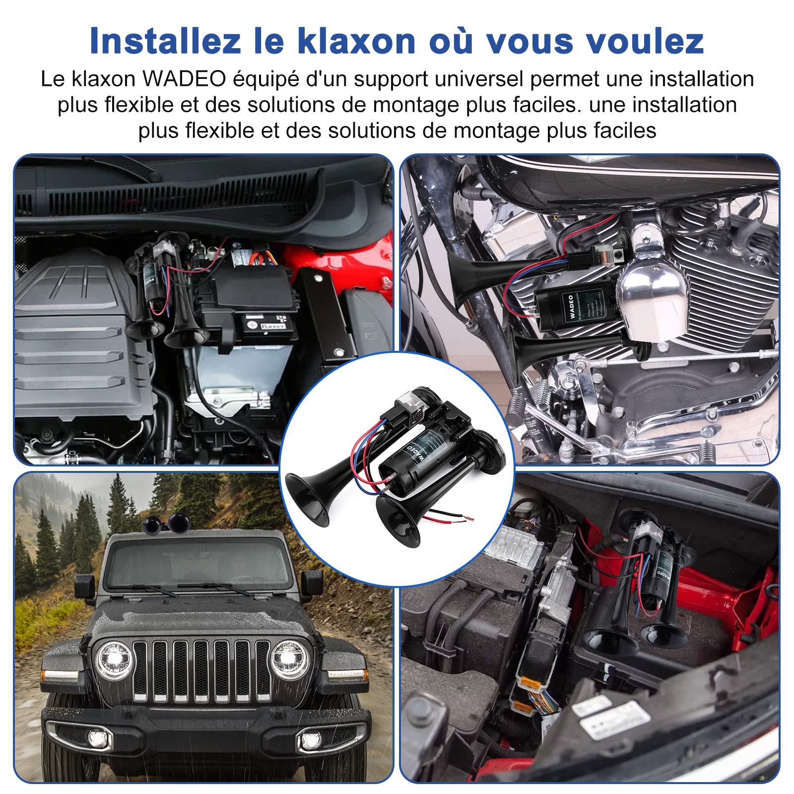 WADEO Klaxon à Air 12 V 118 dB pour Camion, Kit de Klaxon à Air Double Trompette Super Puissant avec Compresseur pour Tous les Véhicules 12 V, Camions, Trains, Bateaux, Voitures, Camionnettes (Noir)
