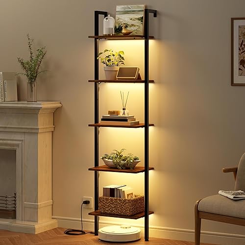 Tajsoon - Estantería de escalera de 5 niveles con luz LED, estantería de escalera montada en la pared con marco de metal, estantería de escalera de