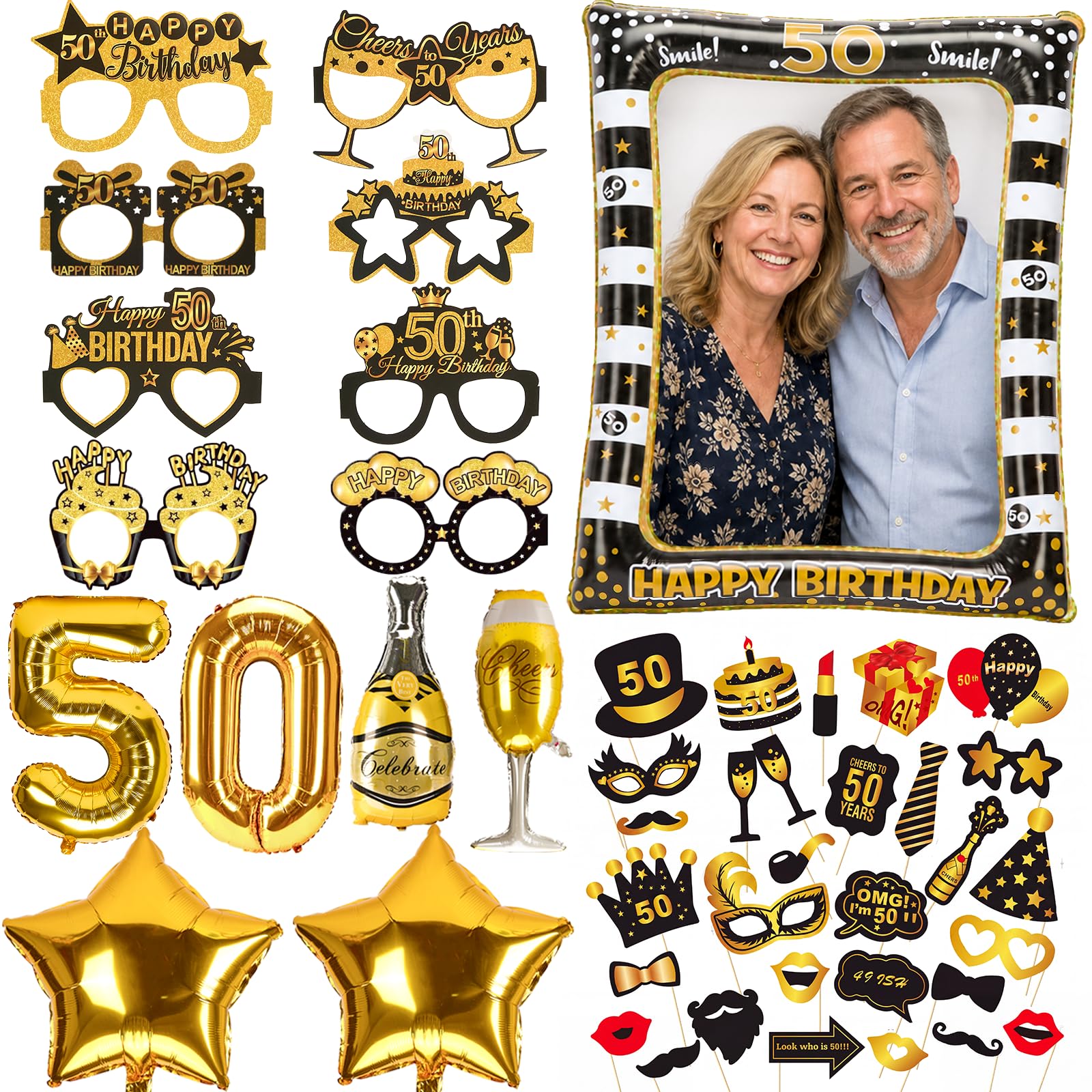 50th Birthday Decorations, Inflatable Frame & 38 Photo Booth Props