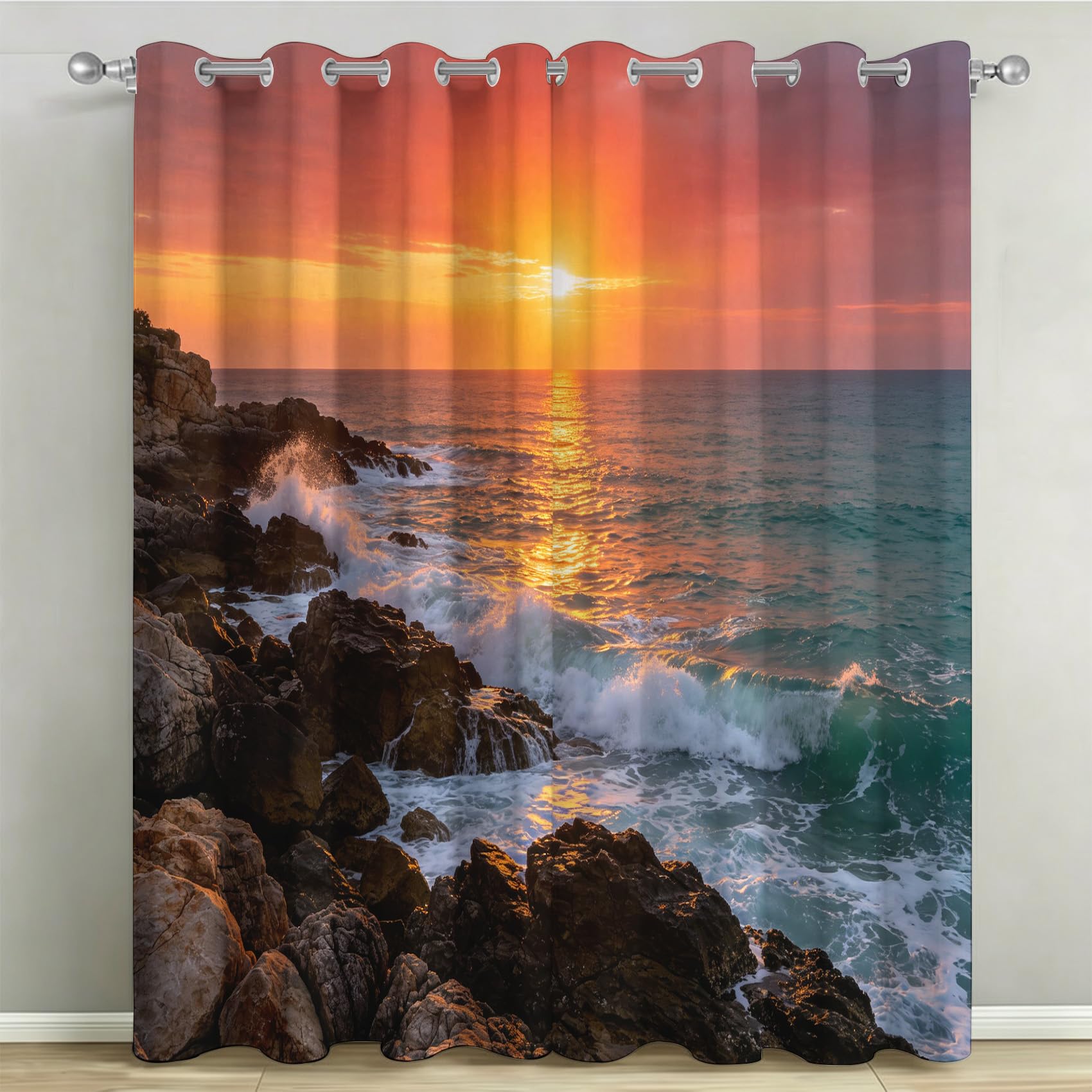 Rideaux occultants oeillets 117x138 cm avec imprimé vue mer 3D pour décorer la chambre
