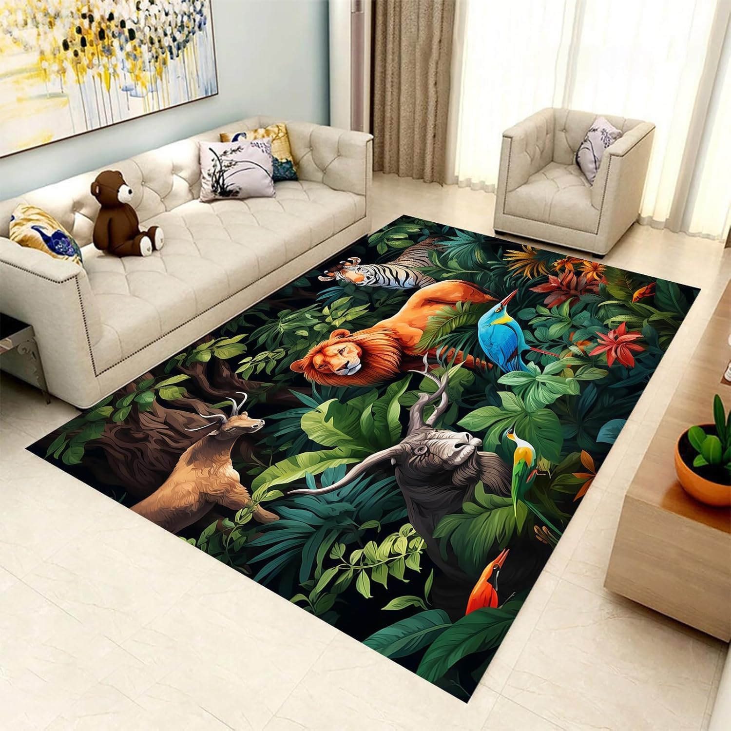 Tapis de sol forêt et animaux 180x280 cm pour salon et chambre