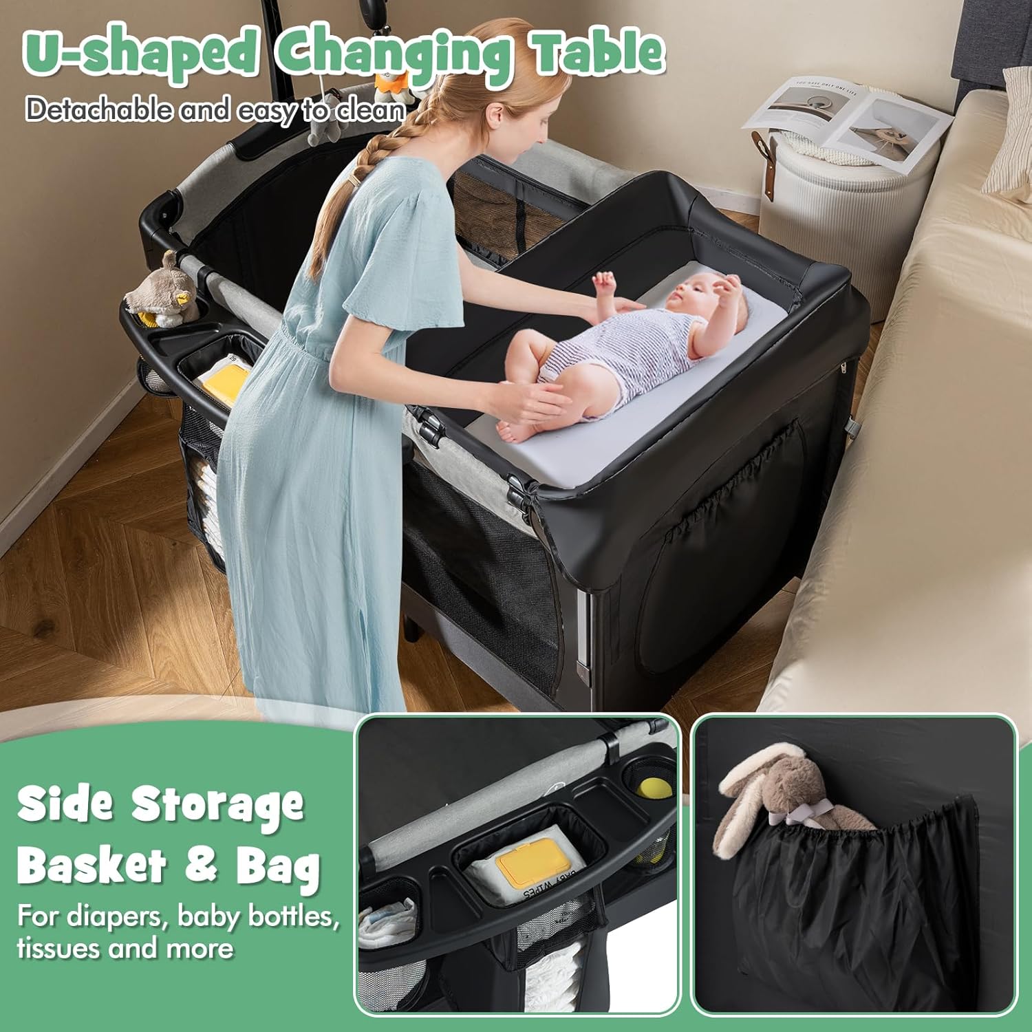 HONEY JOY Baby Bedside Sleeper, 6-in-1 Pack and Play w/Infant Bassinet, Diaper Changing Table & Portable Play Yard, 3 Adjustable Heights, Music Box & Side Storage Bag, Carry Bag(Black)