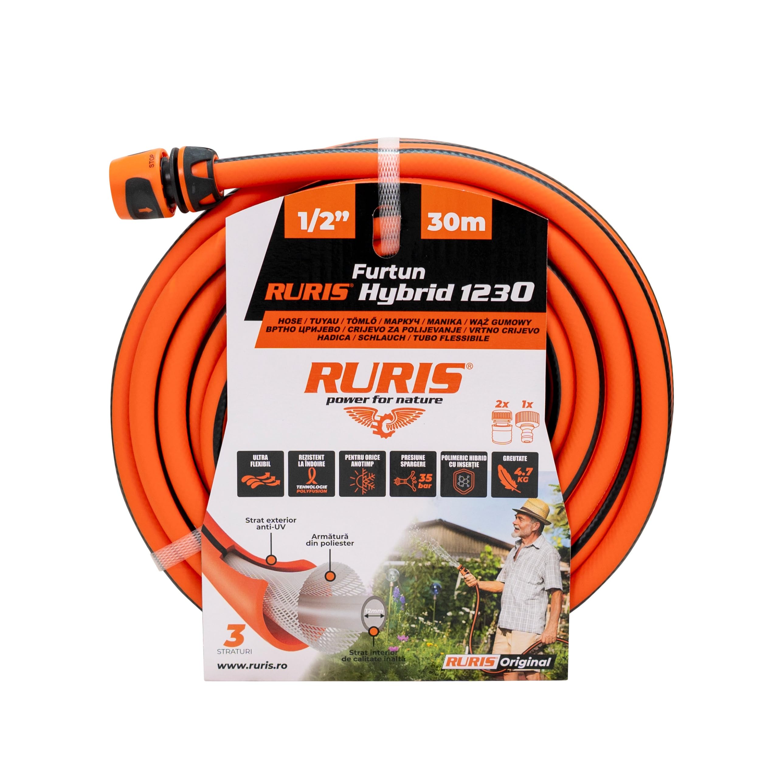 RURIS Hybrid1230 Tuyau d'Arrosage 30m 3 Couches 35 bar Anti-Vrille UV | Technologie Polyfusion, Resistance 35 bar, Protection UV, Compatible 1/2 pouce