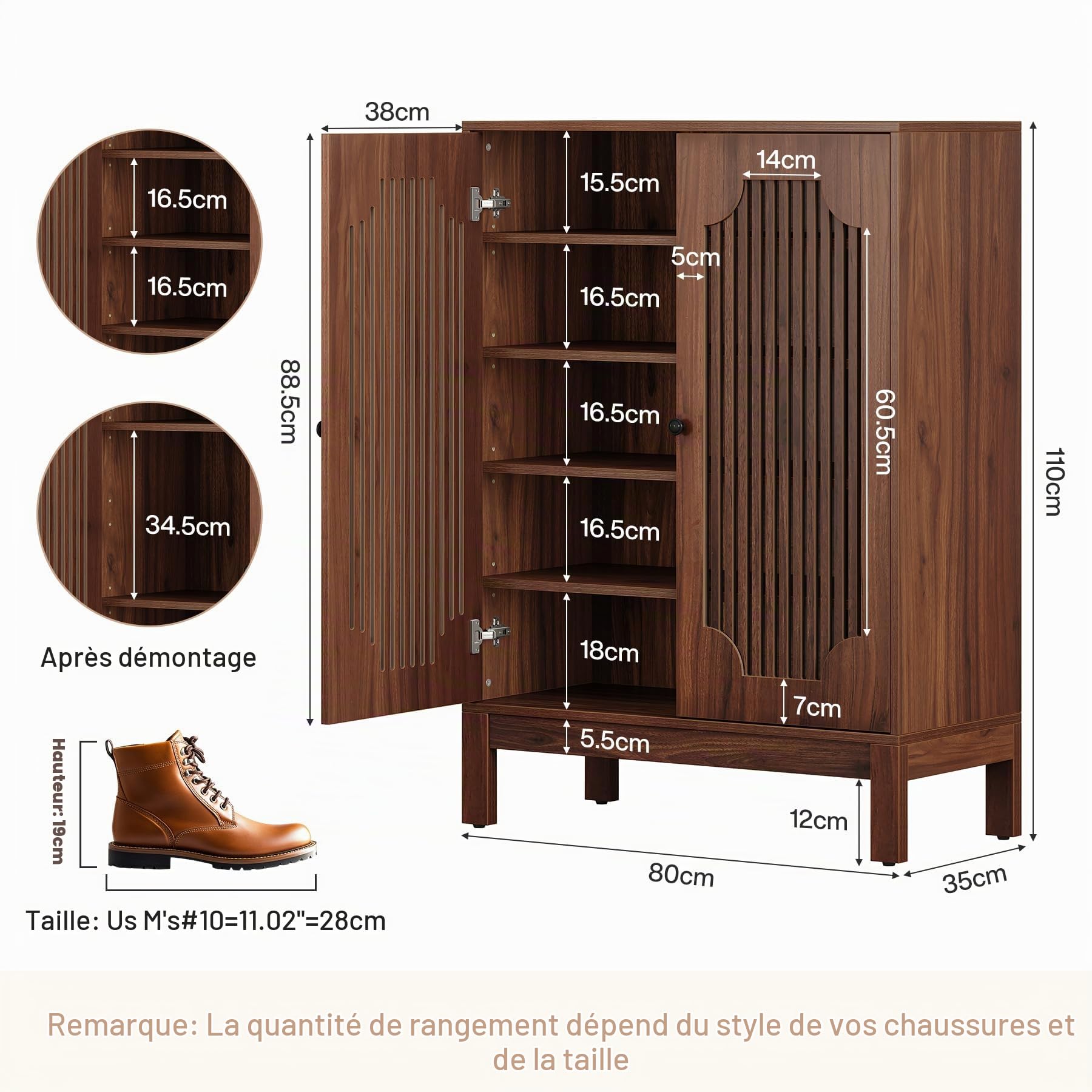 Tribesigns Meuble à Chaussures à 5 Niveaux avec persiennes Portes, 20 Paires Armoire à Chaussures avec étagères réglables, Organiseur de Chaussures en Bois pour entrée, Salon, Couloir, Noyer (Marron)