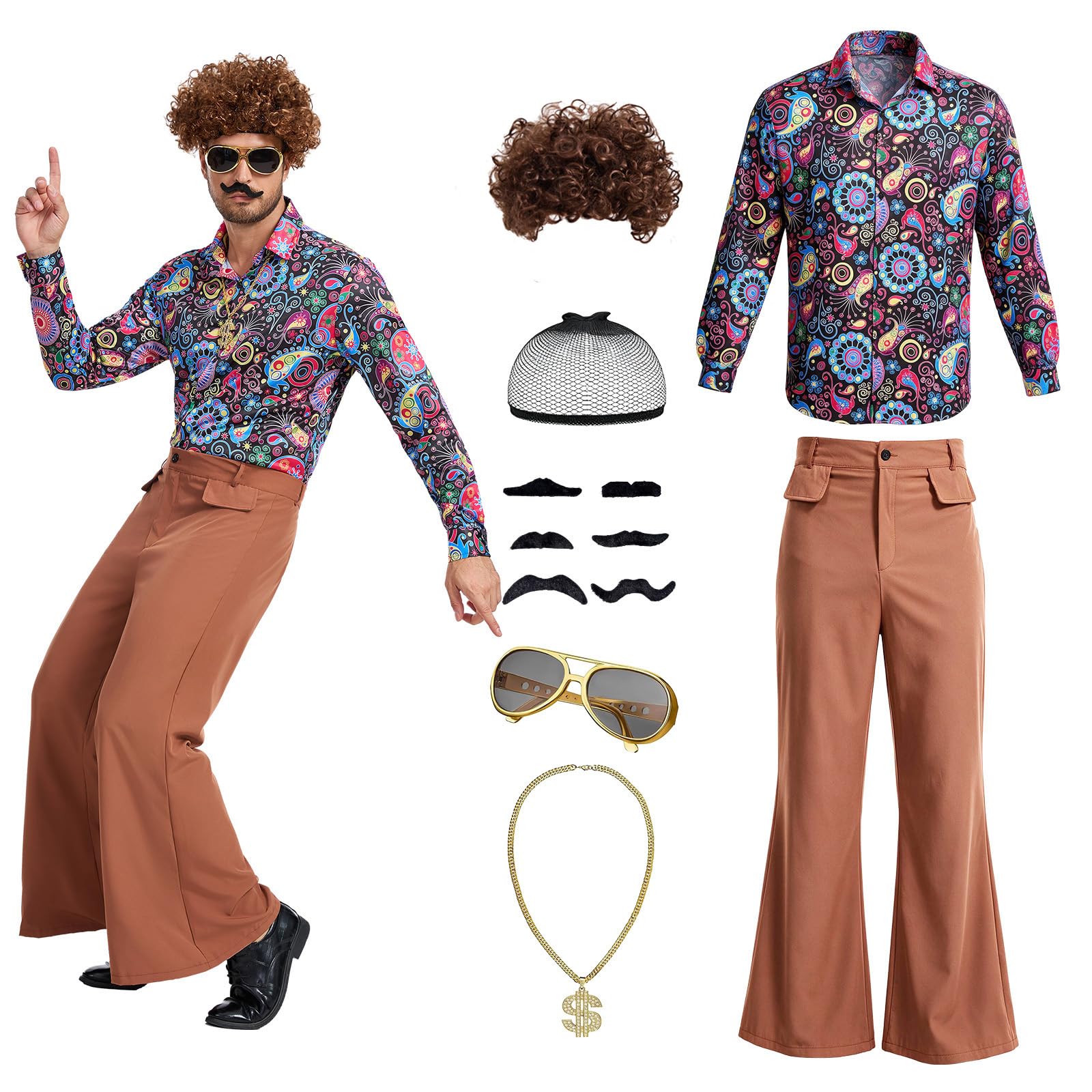 70er Jahre Disco Kostüm Herren, 7 Stücks 60s 70s Hippie Set