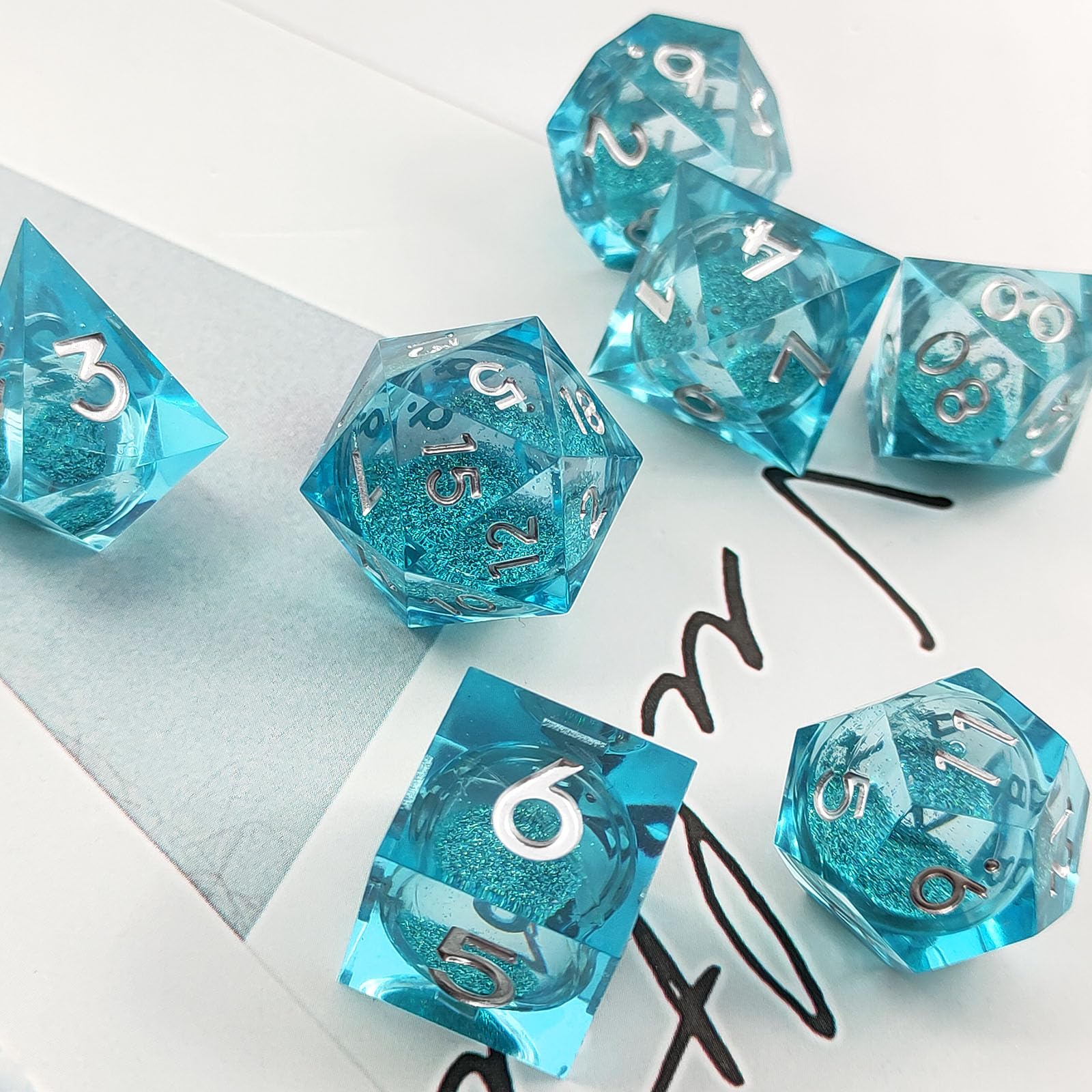 ORUZA 7 PCS Liquid Core DND Dice Resin Sharp Edge Dice Polyhedral D&D Dice Set for Dungeons and Dragons RPG MTG Table Games (Liquid Quicksand Blue) - Image 4