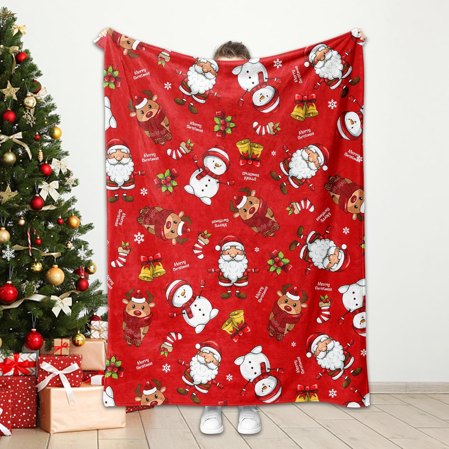PQCXXA Merry Christmas Throw Blanket Cartoon Christmas Tree Deer