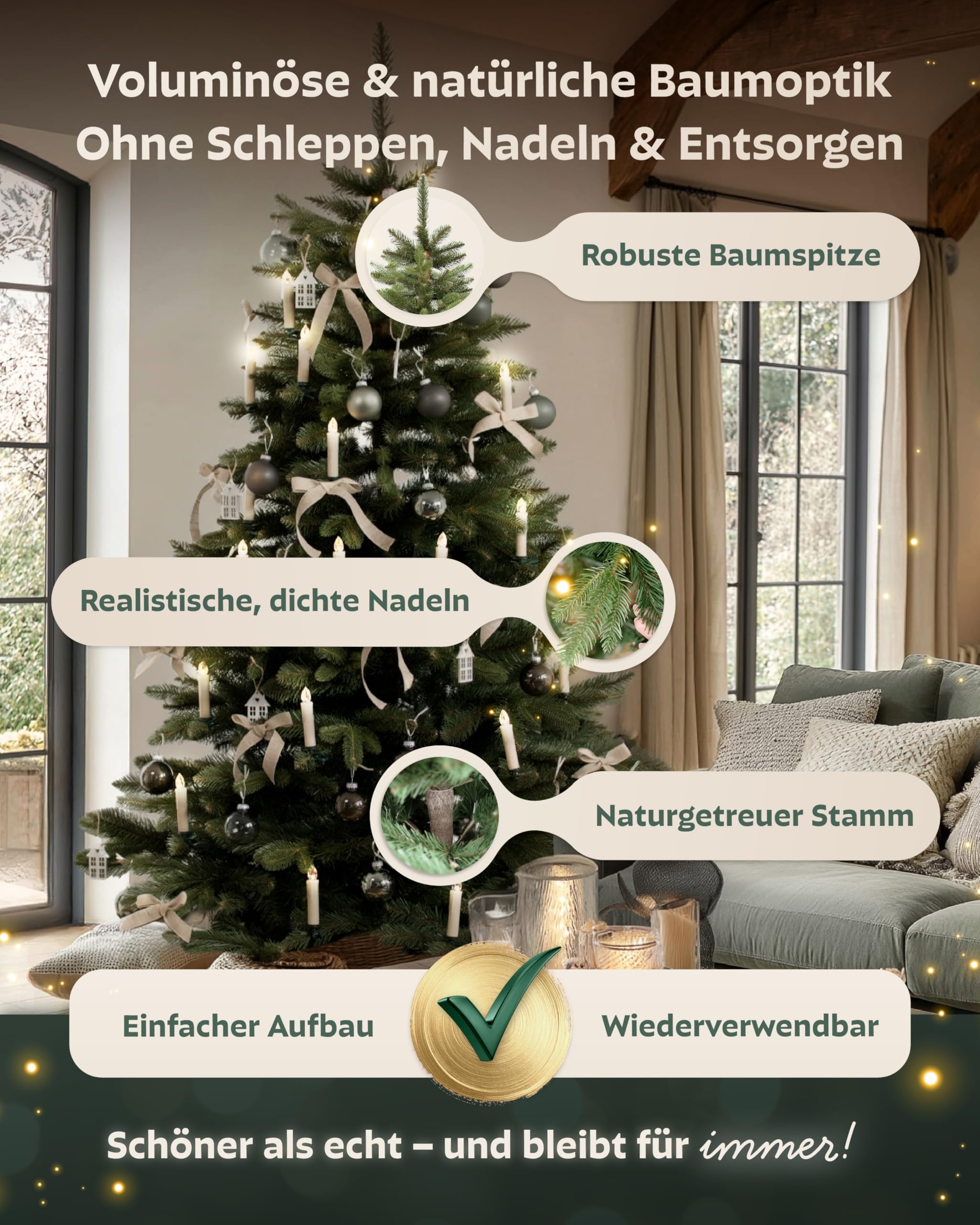 Håvn® Premium Künstlicher Weihnachtsbaum (220cm Nordlys) | Naturgetreue Optik, Dichte Zweige, inkl. Holzständer & Aufbewahrungstasche – Hochwertiger Tannenbaum