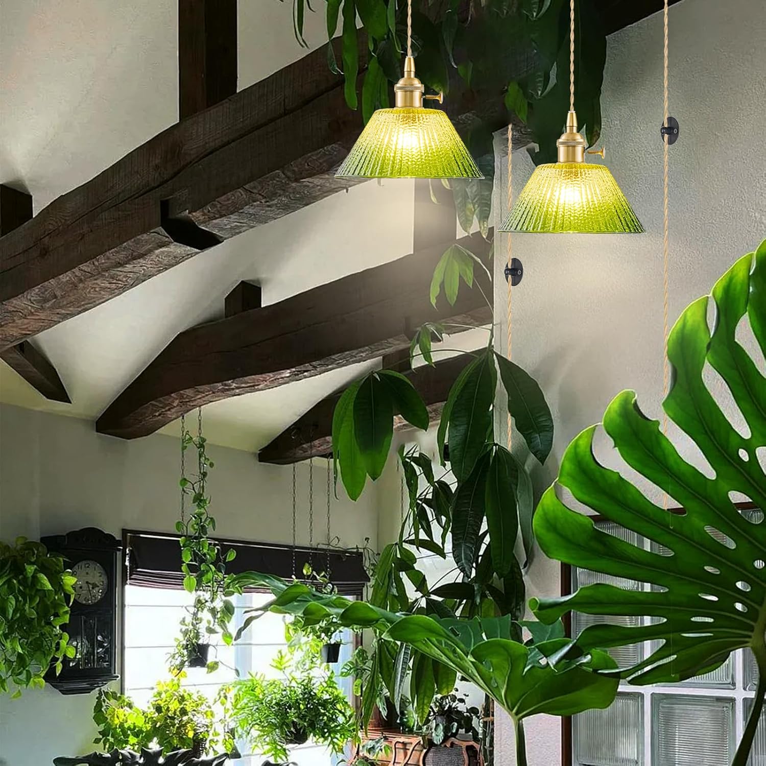 Plug in Pendant Light Vintage, Dimmable Pulley Hanging Lamp with Gradient Green Glass Shade, Brass Hanging Lights with Plug in Cord for Living Room, Compatible with Indoor Plant Grow Light Bulbs