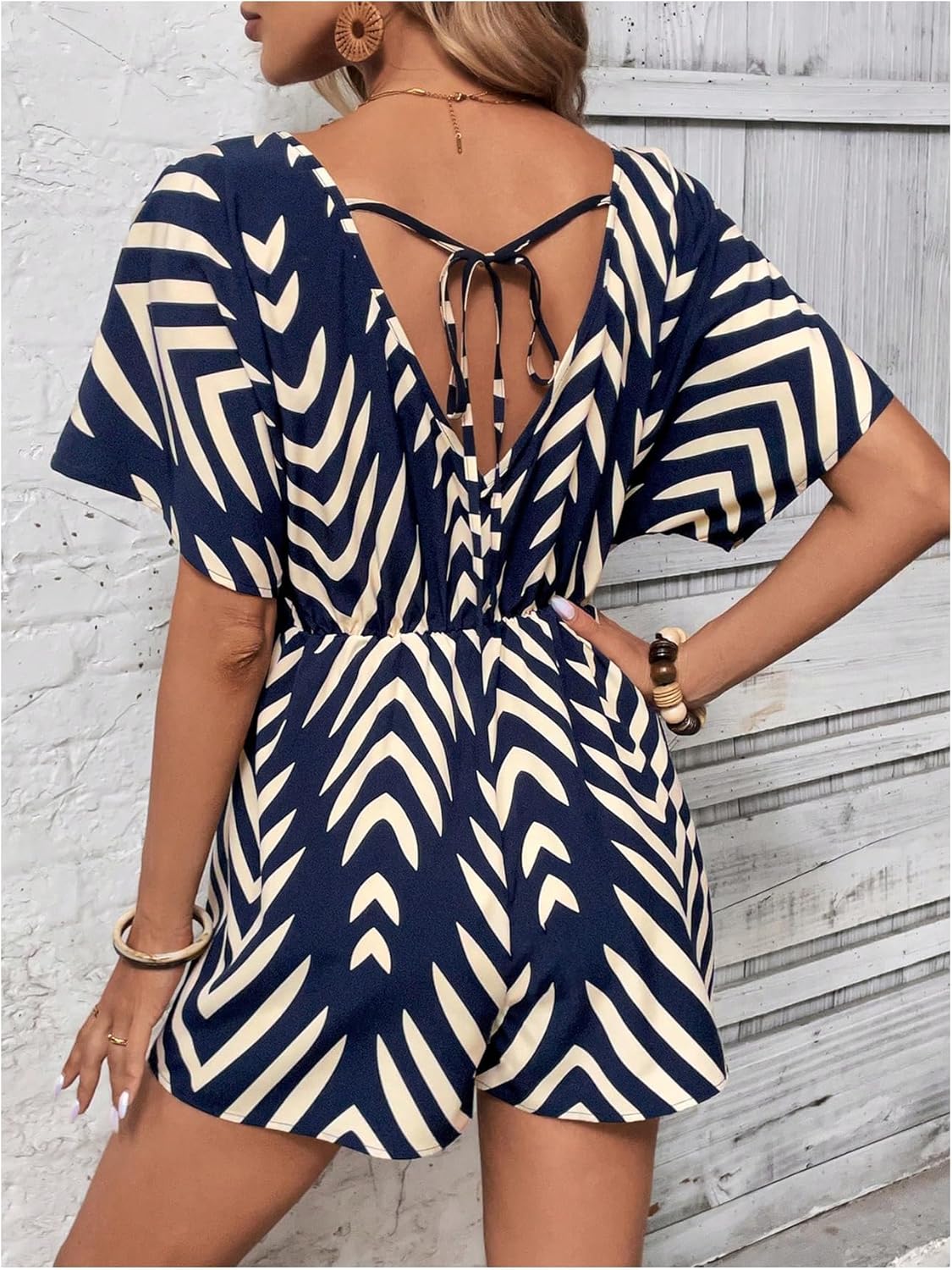 SweatyRocks Women's Striped V Neck Romper Dolman Short Sleeve Wide Leg Shorts Jumpsuit - Image 2