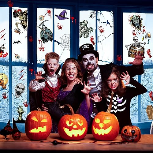 Miniatura 6 de 63 calcomanías de Halloween para ventana, 9 hojas de huellas de mano sangrienta, esqueleto, bruja, casa encantada, calcomanías de ventana de