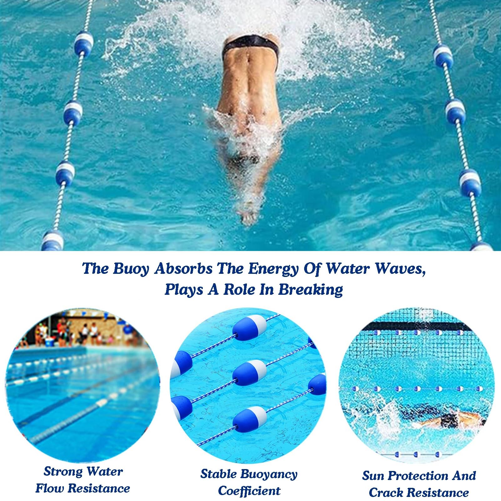 Ber flotante de seguridad para piscina, accesorios de boya azul y blanco, visibilidad óptima con 2 ganchos premontados (1 m) y fácil de instalar