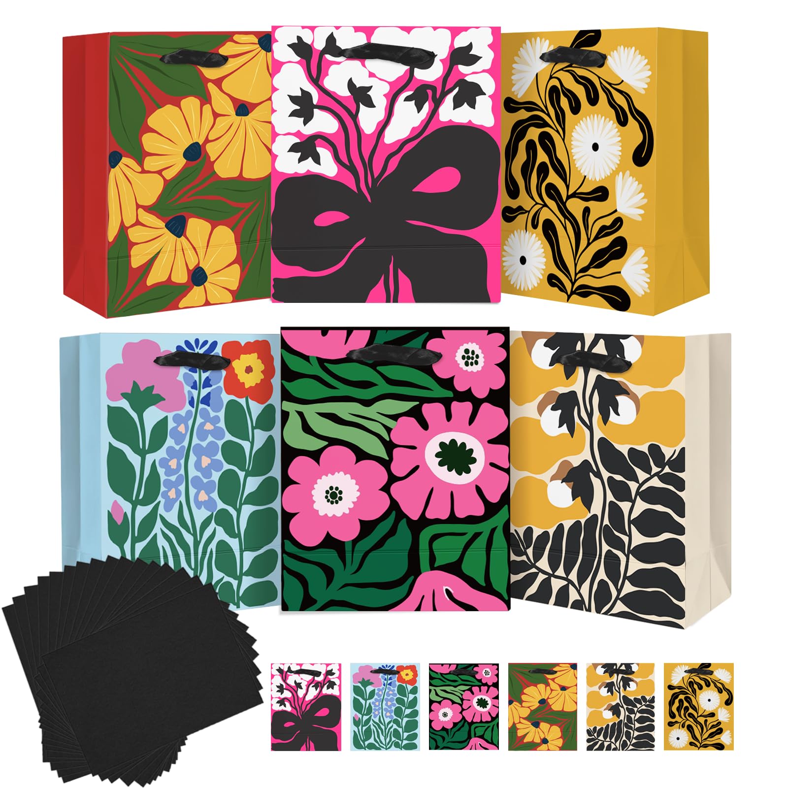 Gcardist Medium Blooming Flowers Paper Gift Bags with Tissue Paper 6PCS Cardboard Gift Bags for Women Mom Grandma Party Supply（6pcs Bags + Tissue Paper ）