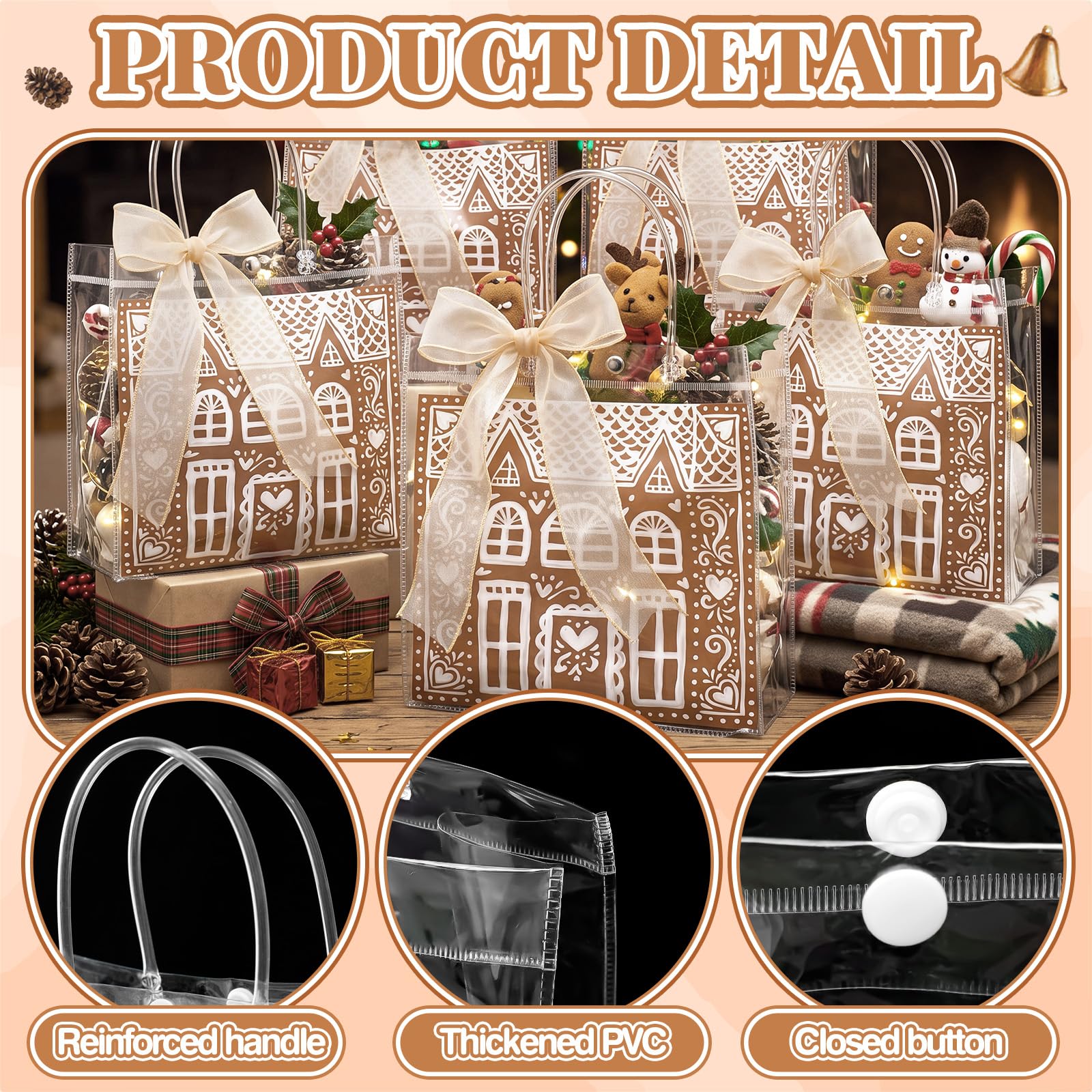 Motipuns 24 sacchetti regalo natalizi in PVC trasparente con manici e nastro in organza dorato, per bomboniere, design a casa di pan di zenzero, riutilizzabili, in plastica trasparente, sacchetti per