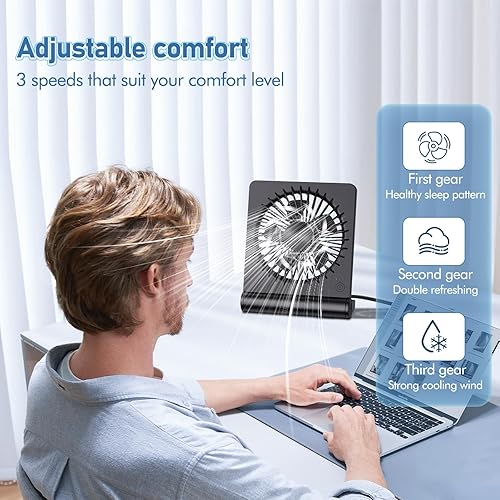 Miniatura 7 de Ventilador de escritorio alimentado por USB con 3 velocidades ajustables de viento fuerte, mini ventilador personal ultra silencioso con cable USB-C