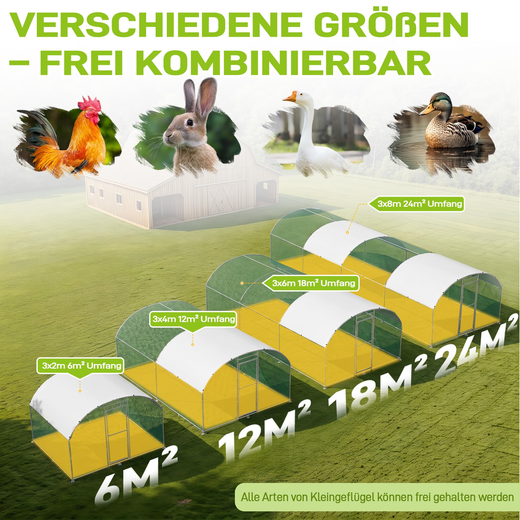 Froadp Pollaio 3 x 6 m gabbia per polli in metallo zincato Recinzione libera con protezione solare tetto e porta chiudibile a chiave, gabbie per pollo, pollame, conigli