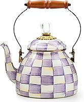 Vista 13 de MACKENZIE-CHILDS Hervidor de té esmaltado, elegante hervidor de té para estufa, cuadros reales azul y blanco, 2 cuartos