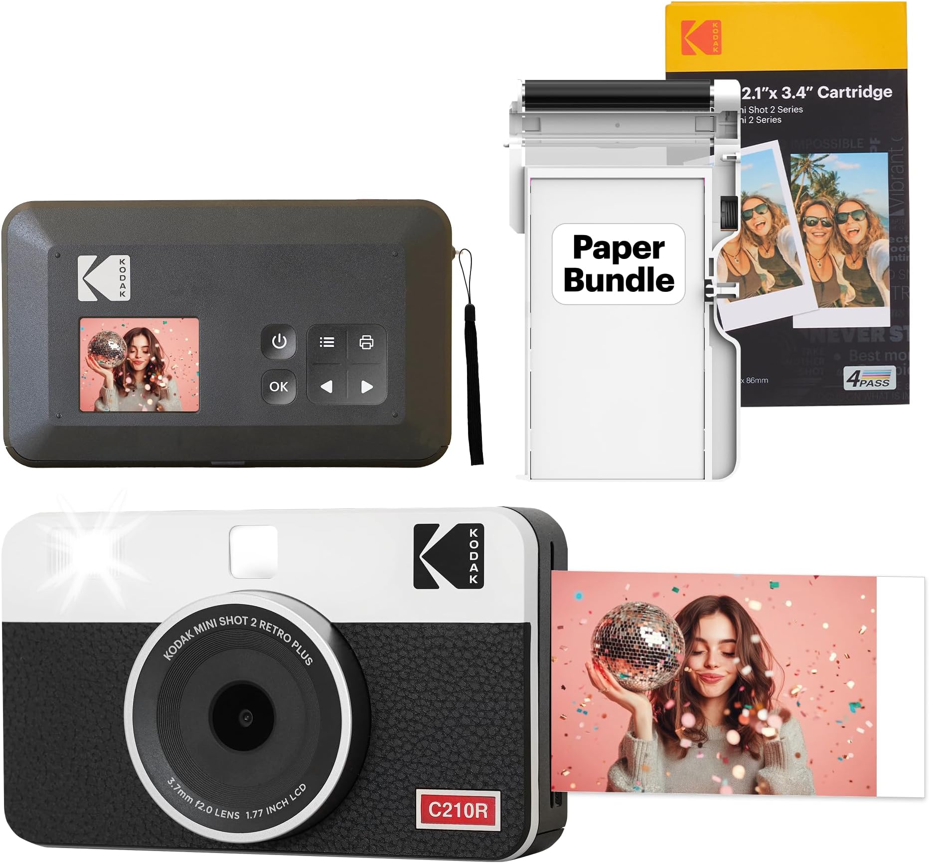 Mini Shot 2 Retro 4PASS 2-in-1 Instant Digital Camera and Photo Printer (2.1x3.4 inches) Initial 8 Sheets + 30 Sheets Bundle, White