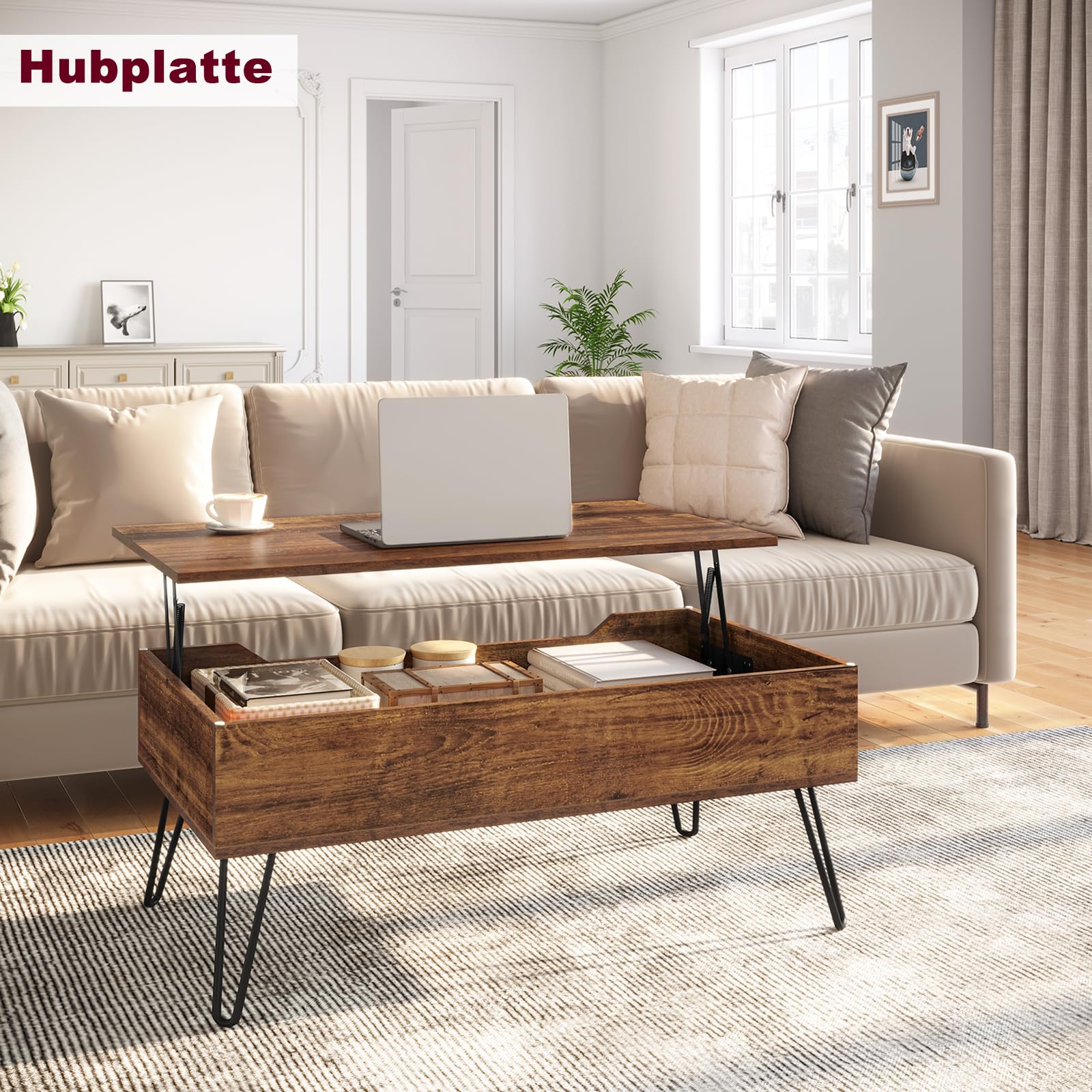 WOLTU Couchtisch Wohnzimmertisch höhenverstellbar ausziehbar, Kaffeetisch mit verstecktem Stauraum, für Wohnzimmer Büro, Metallbeine, 95x(40-55,5) x50 cm, Vintage-Holzoptik Schwarz, BTS18hov