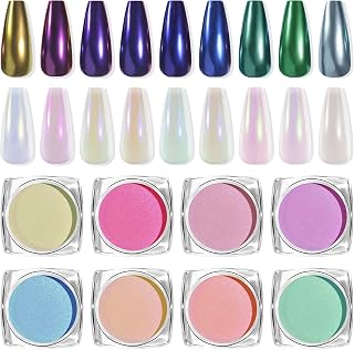 9Boxes Ice Transparent Aurora White Chrome Nail Powder Holographic Chameleon Rainbow Pearl Iridescent Pigment Pearlescent Nail Art Glitters (9 Colors)