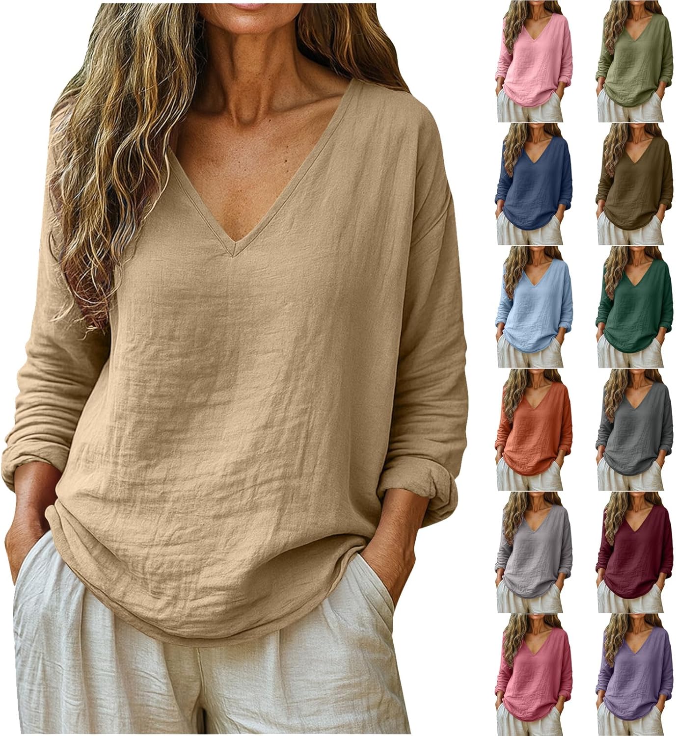 Linen Shirts for Women Dressy Casual Cotton Spring Tops 2026 V Neck Summer Long Sleeve Shirt Beach Vacation Clothes