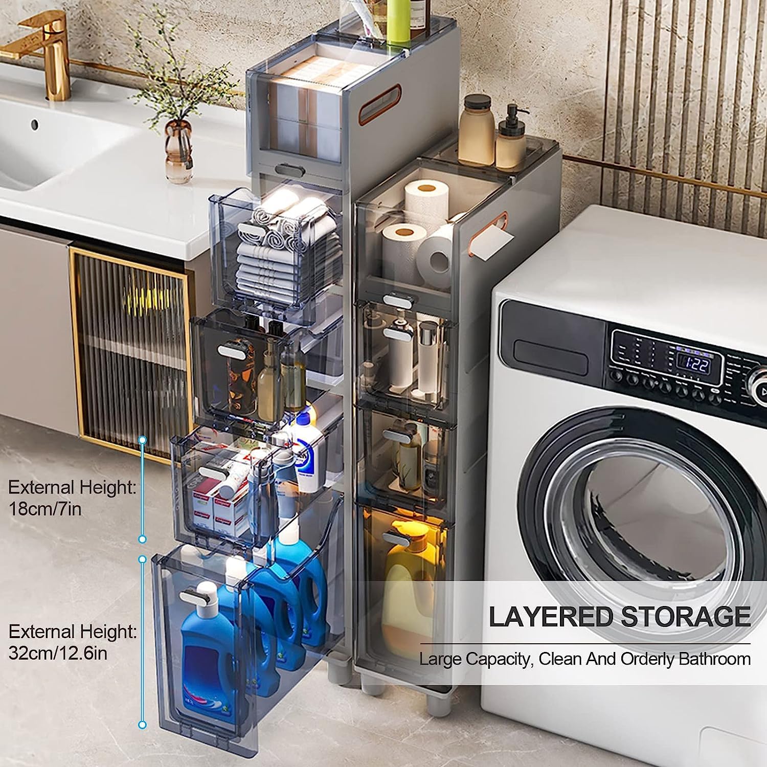 Gabinete de Almacenamiento de Piso de baño de 2/3/4 Niveles, gabinete de Inodoro Lateral de Gran Capacidad con cajones, Unidad de Organizador de Papel higiénico Estrecho para el hogar, baño