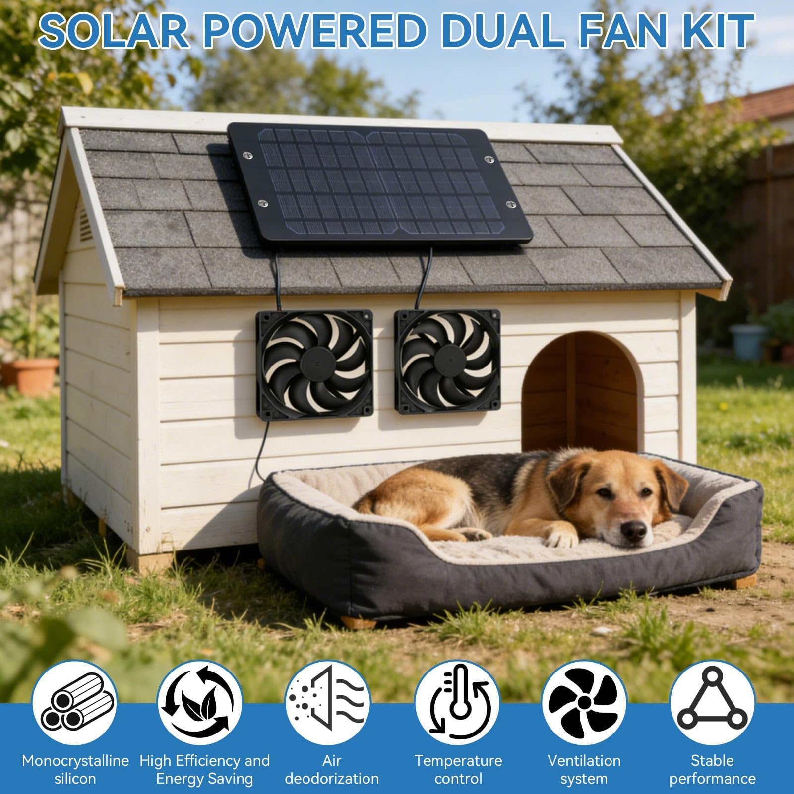 Kit de Ventilador Panel Solar 10W 800mA, Extractor circulación Aire Dual, Equipo ventilación para Exteriores, Ventilador Aire Escape con Cable alimentación 30cm Largo