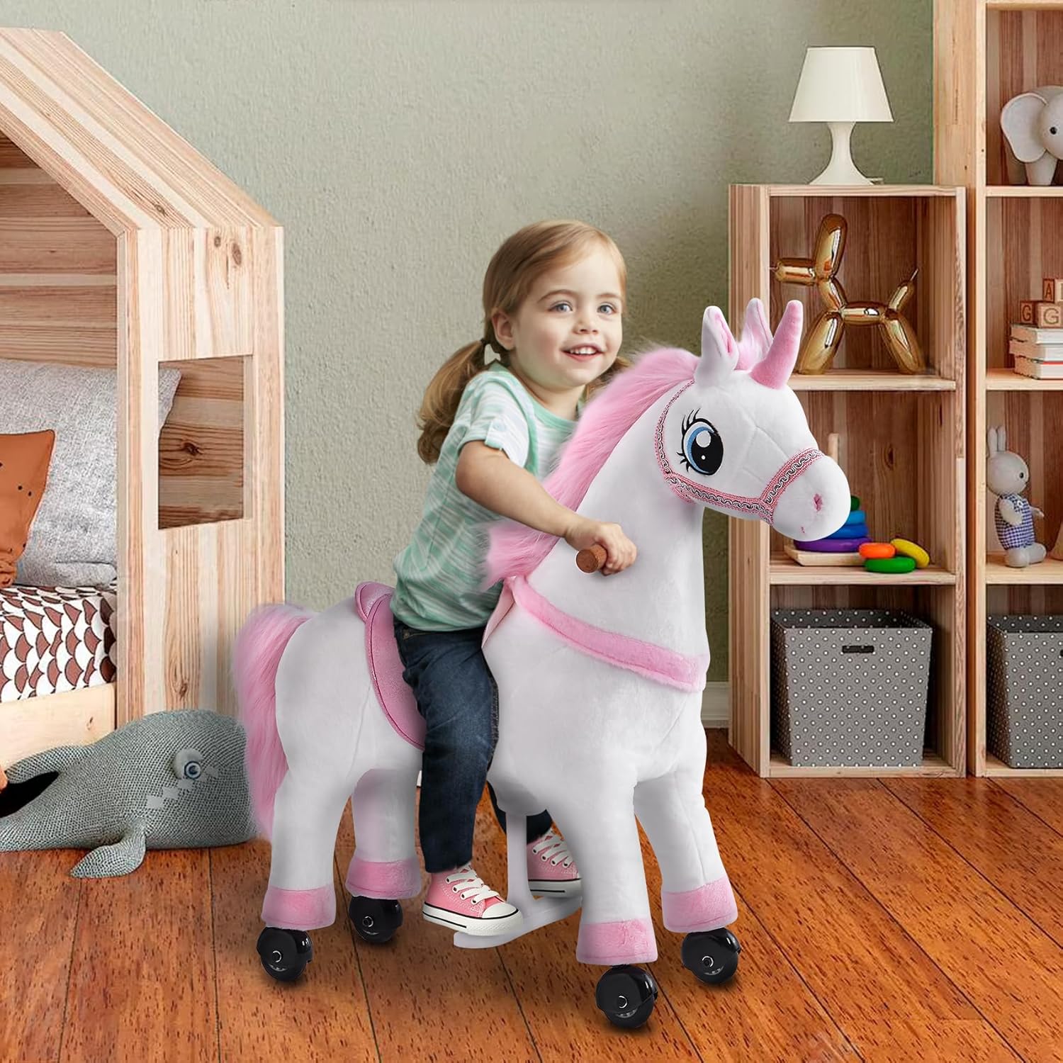 Ride on Horse Unicorn Toy for Kids Riding Horse Pony Rider Mechanical Cycle Walking Action Plush Animal for 3 to 4 Years, No Battery or Electricity,Max Load 132 LBS, Small Size
