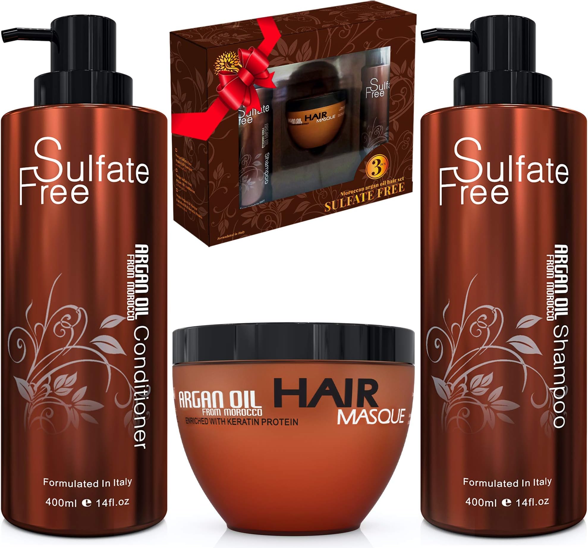 Moroccan Argan Oil Shampoo Conditioner and Mask Set, Sulfate Free for Damaged, Dry, Curly or Frizzy Hair - Thickening for Fine/Thin Hair Safe for Color and Keratin Treated Hair