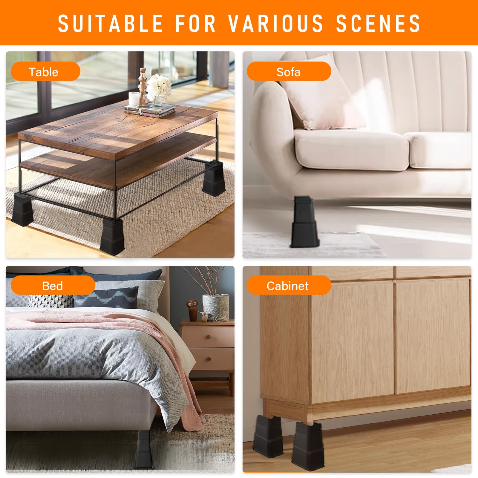 shouwuhho Elevadores de cama de 12 pulgadas, resistentes, de gran tamaño, soportan hasta 6 libras para sofá, mesa, sofá, silla, marco de patas para dormitorio (paquete de 4, negro, 12 pulgadas)