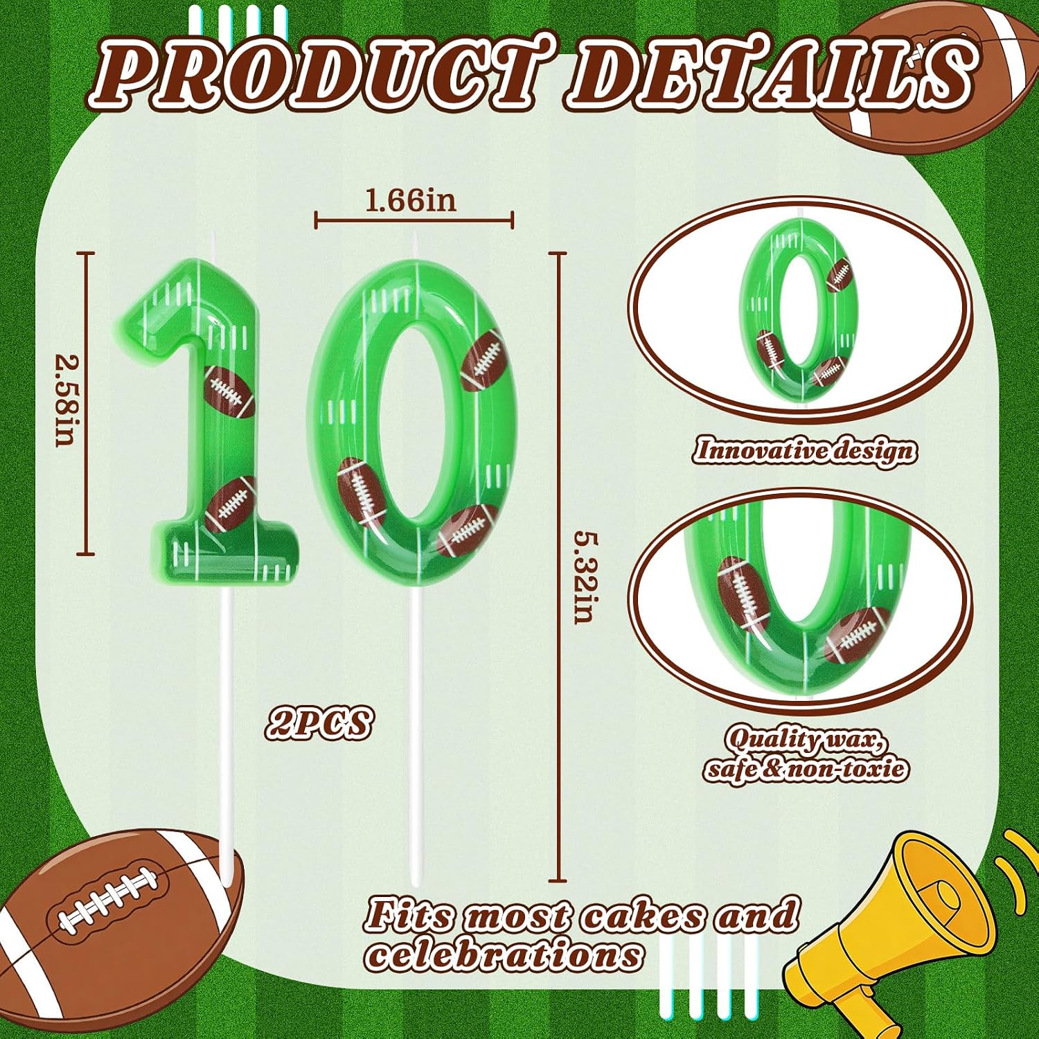 Football Birthday Candles, Football Party Decoration Supplies, Birthday Number Candles for Cake Topper (Green, Number 10)